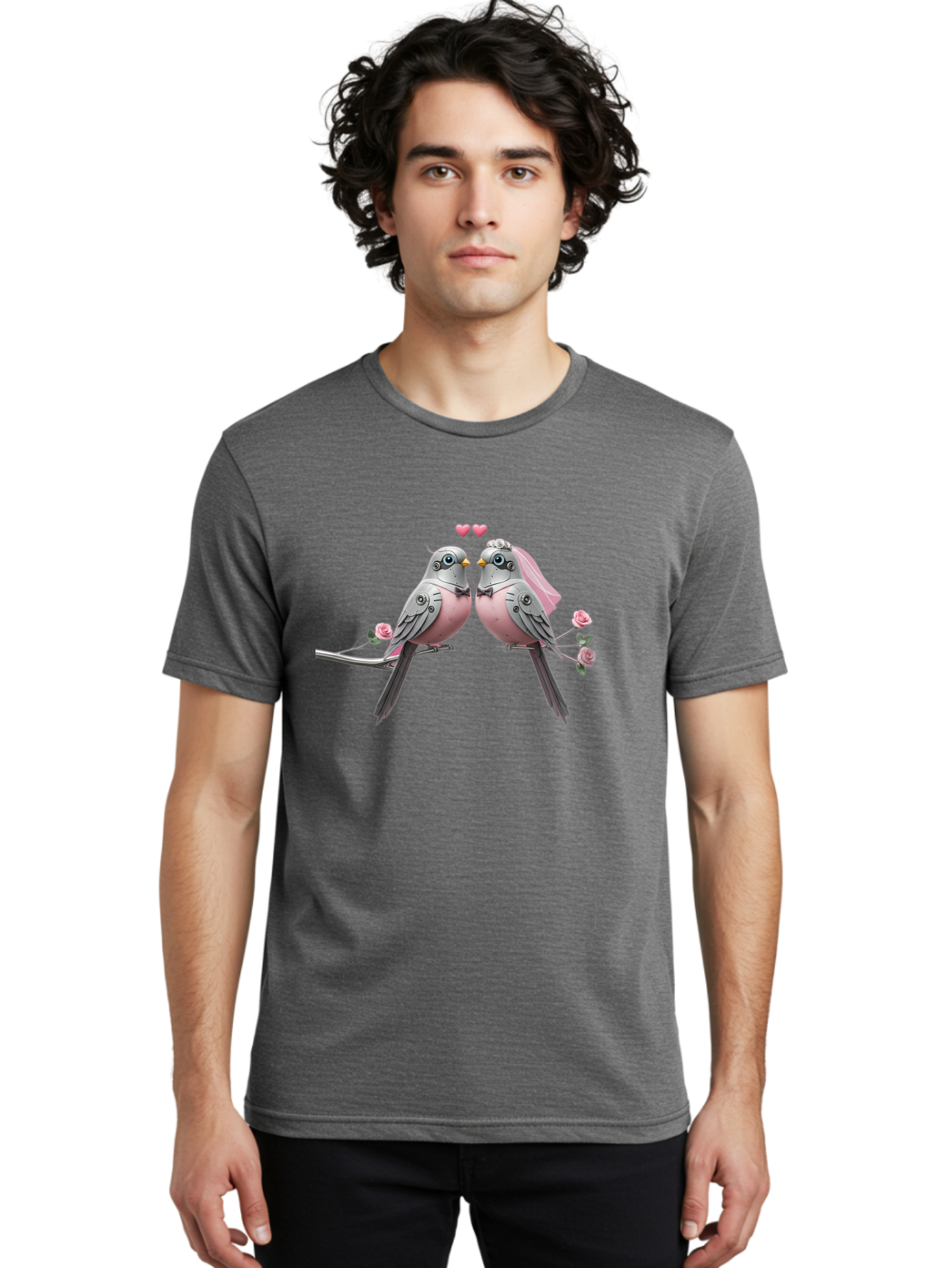 Two-Birds Men'S Graphic Tee, 100% Cotton, Comfortable Casual Summer Wear, Machine Washable, Love Birds, Couple Birds, Pink Birds On Branch, Birds With Wedding Veil, Birds Kissing, Pink Roses, Romantic Birds, Bird Couple, Adorable Birds, Bab560
