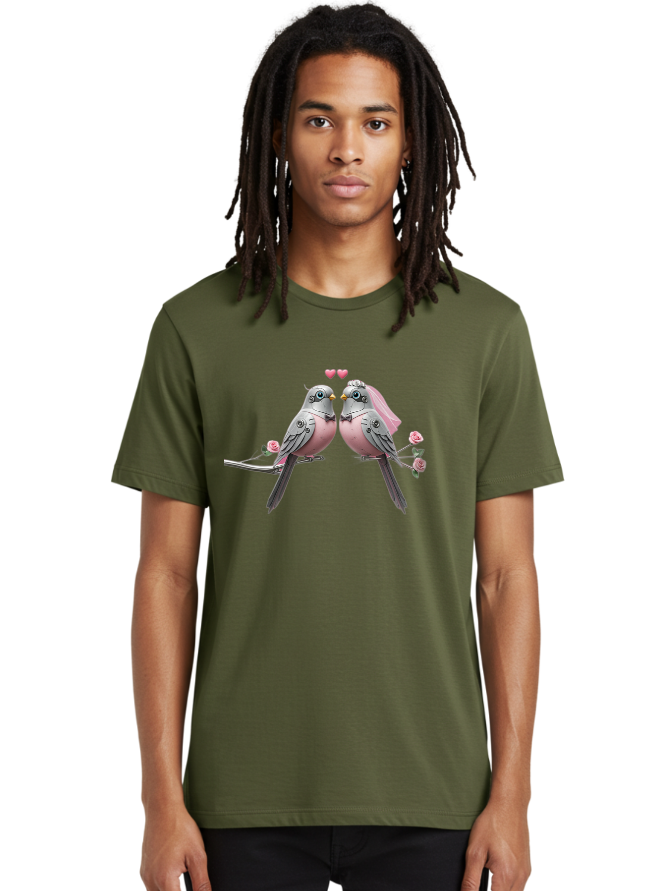 Two-Birds Men'S Graphic Tee, 100% Cotton, Comfortable Casual Summer Wear, Machine Washable, Love Birds, Couple Birds, Pink Birds On Branch, Birds With Wedding Veil, Birds Kissing, Pink Roses, Romantic Birds, Bird Couple, Adorable Birds, Bab560