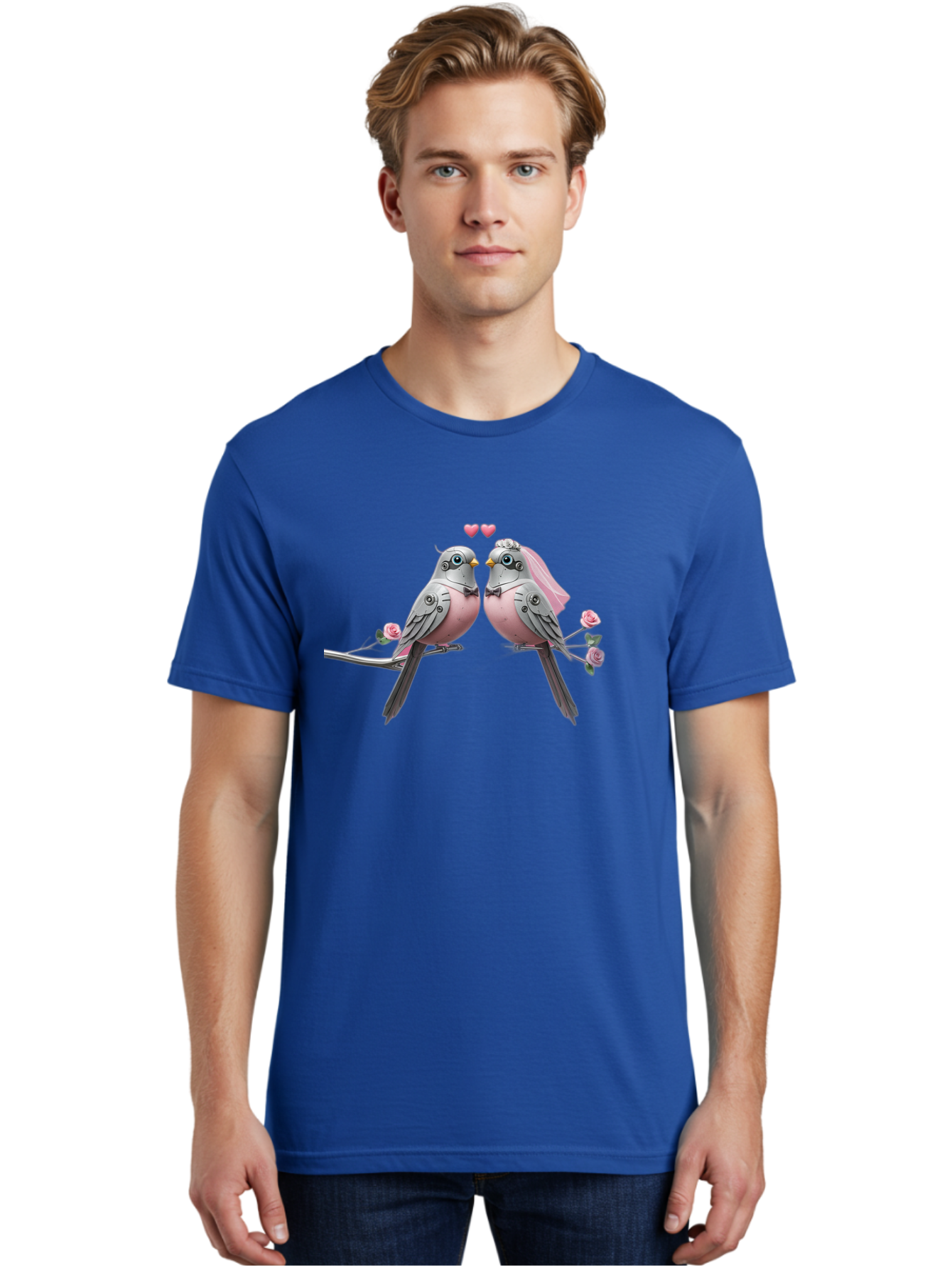 Two-Birds Men'S Graphic Tee, 100% Cotton, Comfortable Casual Summer Wear, Machine Washable, Love Birds, Couple Birds, Pink Birds On Branch, Birds With Wedding Veil, Birds Kissing, Pink Roses, Romantic Birds, Bird Couple, Adorable Birds, Bab560