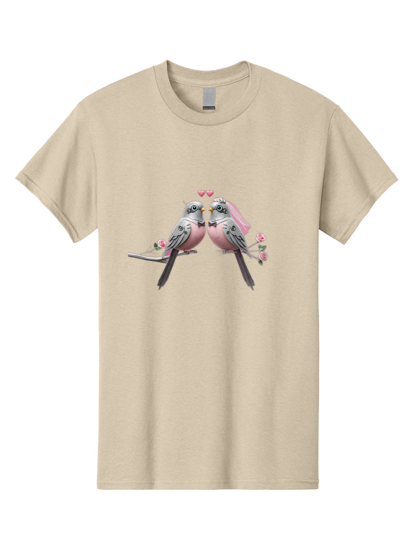 Two-Birds Men'S Graphic Tee, 100% Cotton, Comfortable Casual Summer Wear, Machine Washable, Love Birds, Couple Birds, Pink Birds On Branch, Birds With Wedding Veil, Birds Kissing, Pink Roses, Romantic Birds, Bird Couple, Adorable Birds, Bab560