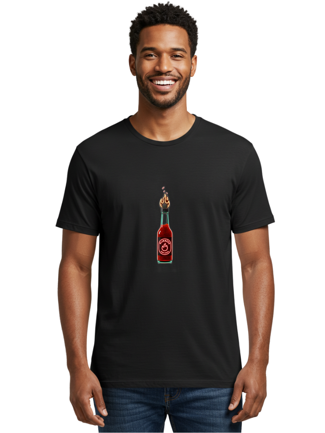 Unimred-Hot-Sauce Men'S Graphic Tee, 100% Cotton, Comfortable Casual Summer Wear, Machine Washable, Hot Sauce Bottle, Spicy Condiment, Ntimred Label, Burning Flame, Fiery Passion, Bold Flavor, Chili Pepper Sauce, Condiment Bottle Bab565