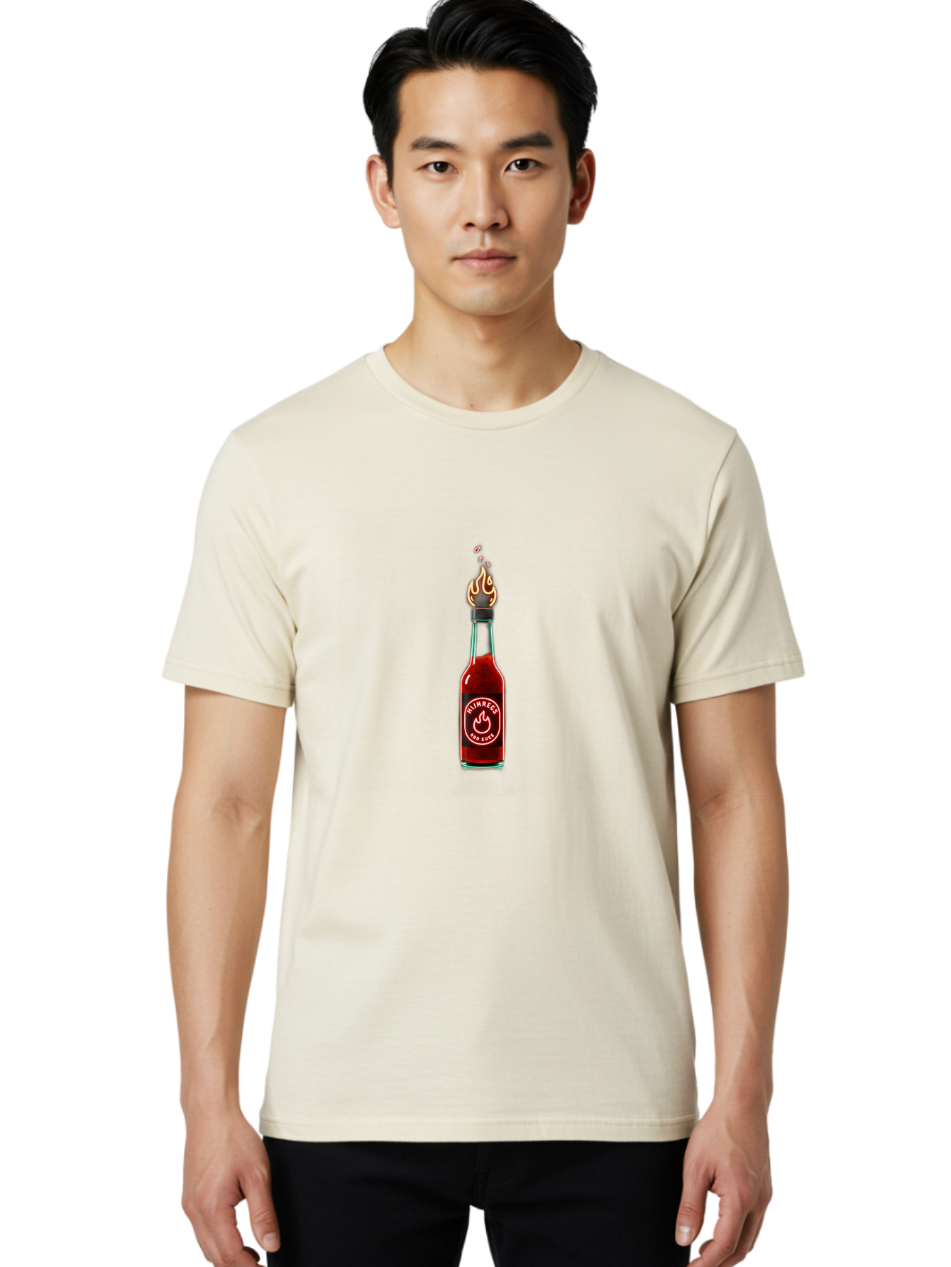 Unimred-Hot-Sauce Men'S Graphic Tee, 100% Cotton, Comfortable Casual Summer Wear, Machine Washable, Hot Sauce Bottle, Spicy Condiment, Ntimred Label, Burning Flame, Fiery Passion, Bold Flavor, Chili Pepper Sauce, Condiment Bottle Bab565