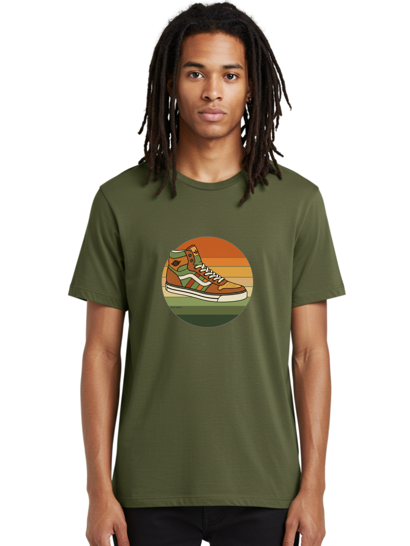 Vans-Shoes Men'S Graphic Tee, 100% Cotton, Comfortable Casual Summer Wear, Machine Washable, Vans Sneaker, Streetwear Fashion, Casual Footwear, Skateboarding Shoes, Green And Brown Color Scheme, High-Top Design, White Laces, Bab567