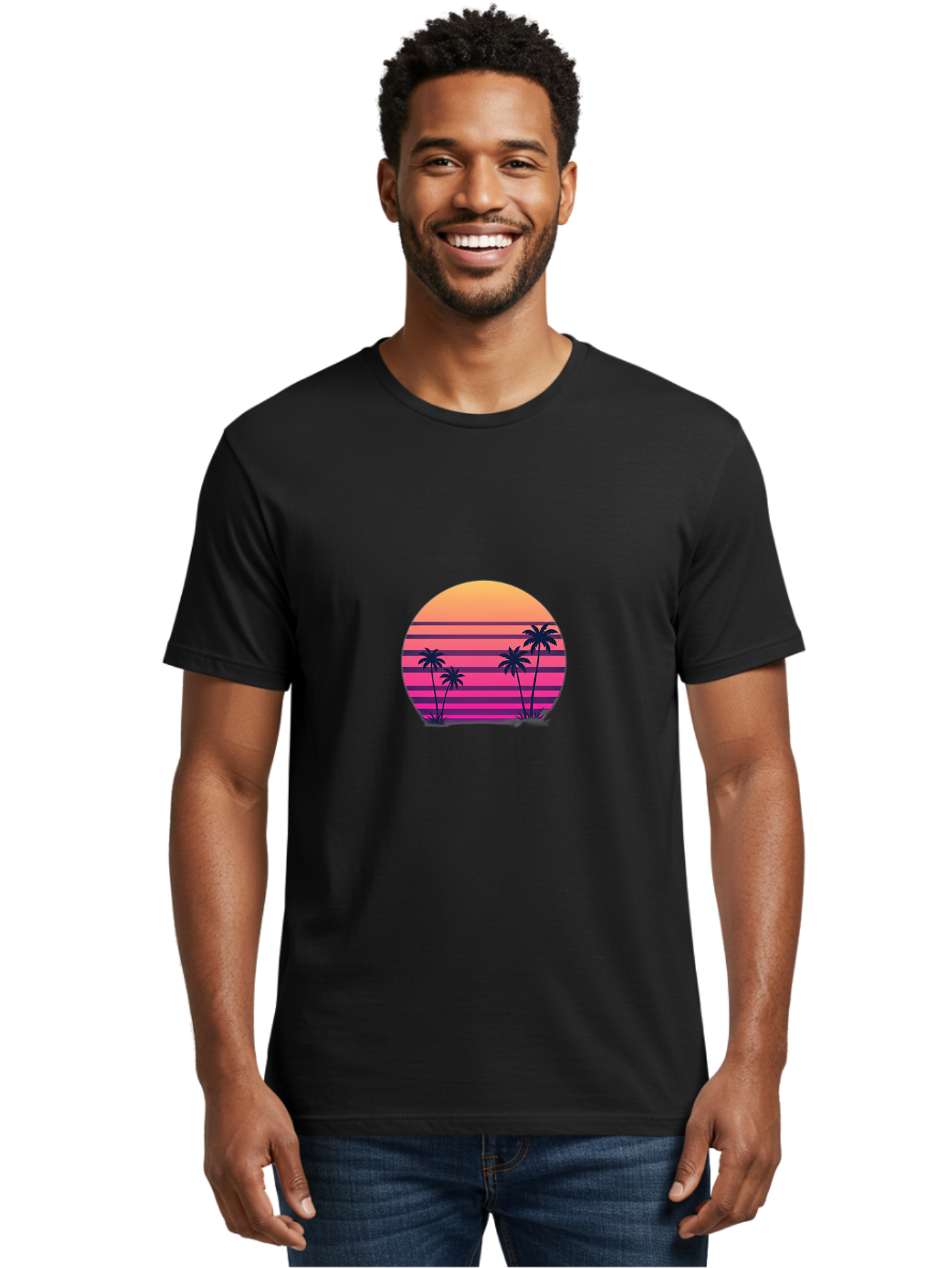Vaporwave-Sunset Men'S Graphic Tee, 100% Cotton, Comfortable Casual Summer Wear, Machine Washable, Vaporwave Aesthetic, Retro Futurism, Sunset Landscape, Palm Trees, Neon Colors, Synthwave Art, Retro Style, 80S Vibe, Tropical Scenery, Bab568
