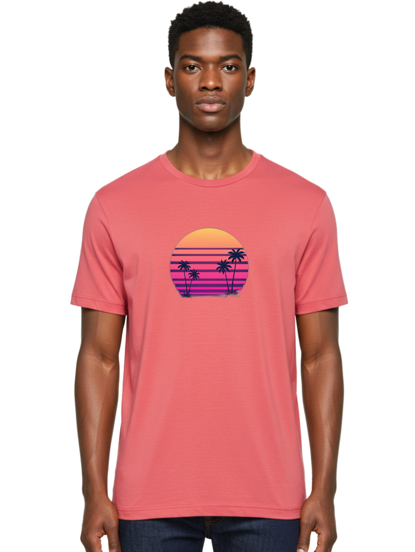 Vaporwave-Sunset Men'S Graphic Tee, 100% Cotton, Comfortable Casual Summer Wear, Machine Washable, Vaporwave Aesthetic, Retro Futurism, Sunset Landscape, Palm Trees, Neon Colors, Synthwave Art, Retro Style, 80S Vibe, Tropical Scenery, Bab568