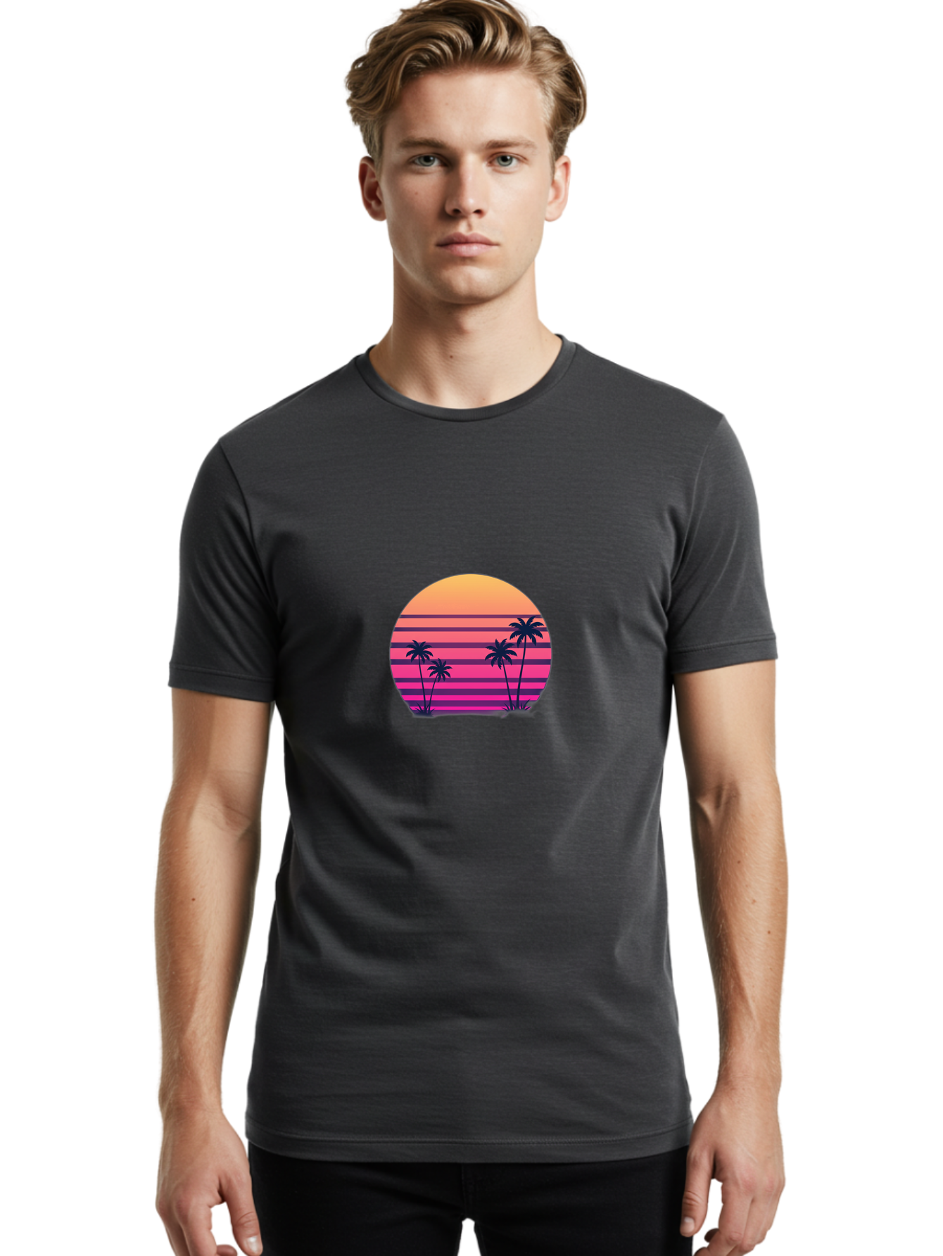 Vaporwave-Sunset Men'S Graphic Tee, 100% Cotton, Comfortable Casual Summer Wear, Machine Washable, Vaporwave Aesthetic, Retro Futurism, Sunset Landscape, Palm Trees, Neon Colors, Synthwave Art, Retro Style, 80S Vibe, Tropical Scenery, Bab568
