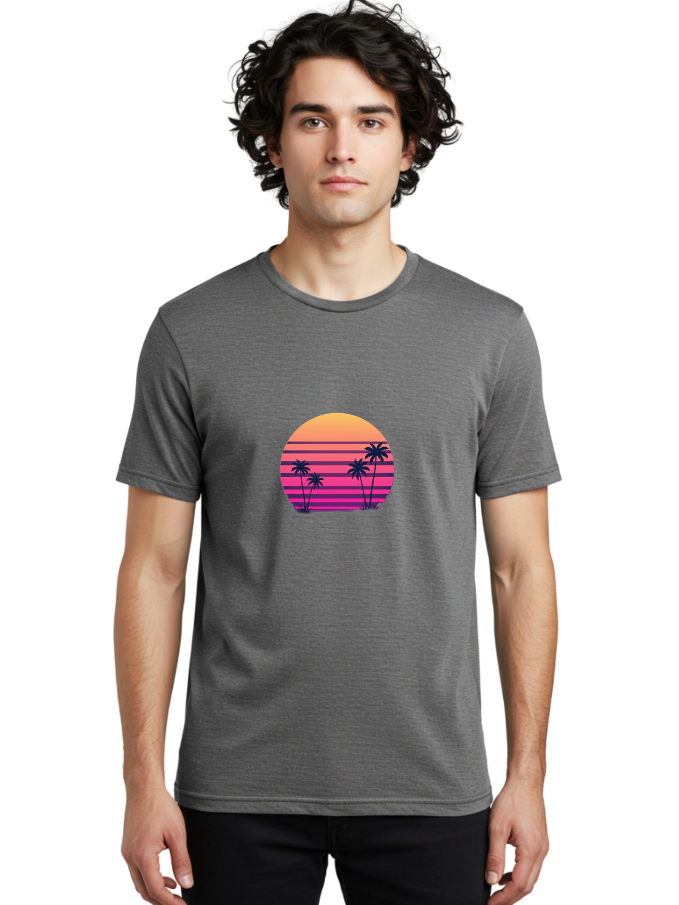 Vaporwave-Sunset Men'S Graphic Tee, 100% Cotton, Comfortable Casual Summer Wear, Machine Washable, Vaporwave Aesthetic, Retro Futurism, Sunset Landscape, Palm Trees, Neon Colors, Synthwave Art, Retro Style, 80S Vibe, Tropical Scenery, Bab568