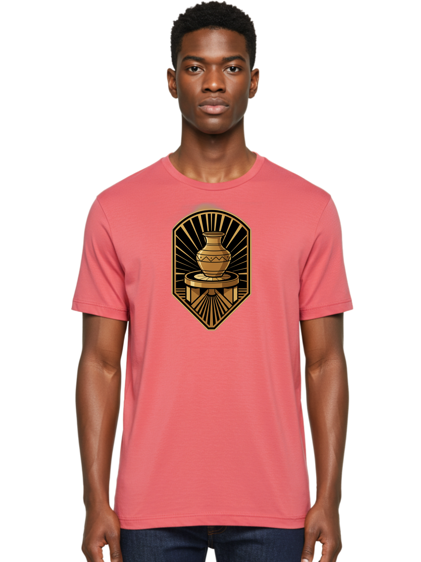Vase-On-Pedestal Men'S Graphic Tee, 100% Cotton, Comfortable Casual Summer Wear, Machine Washable, Golden Vase, Decorative Pot, Ornate Design, Geometric Patterns, Luxurious Feel, Ancient Artifact, Stylish Decor, Elegant Display, Bab569