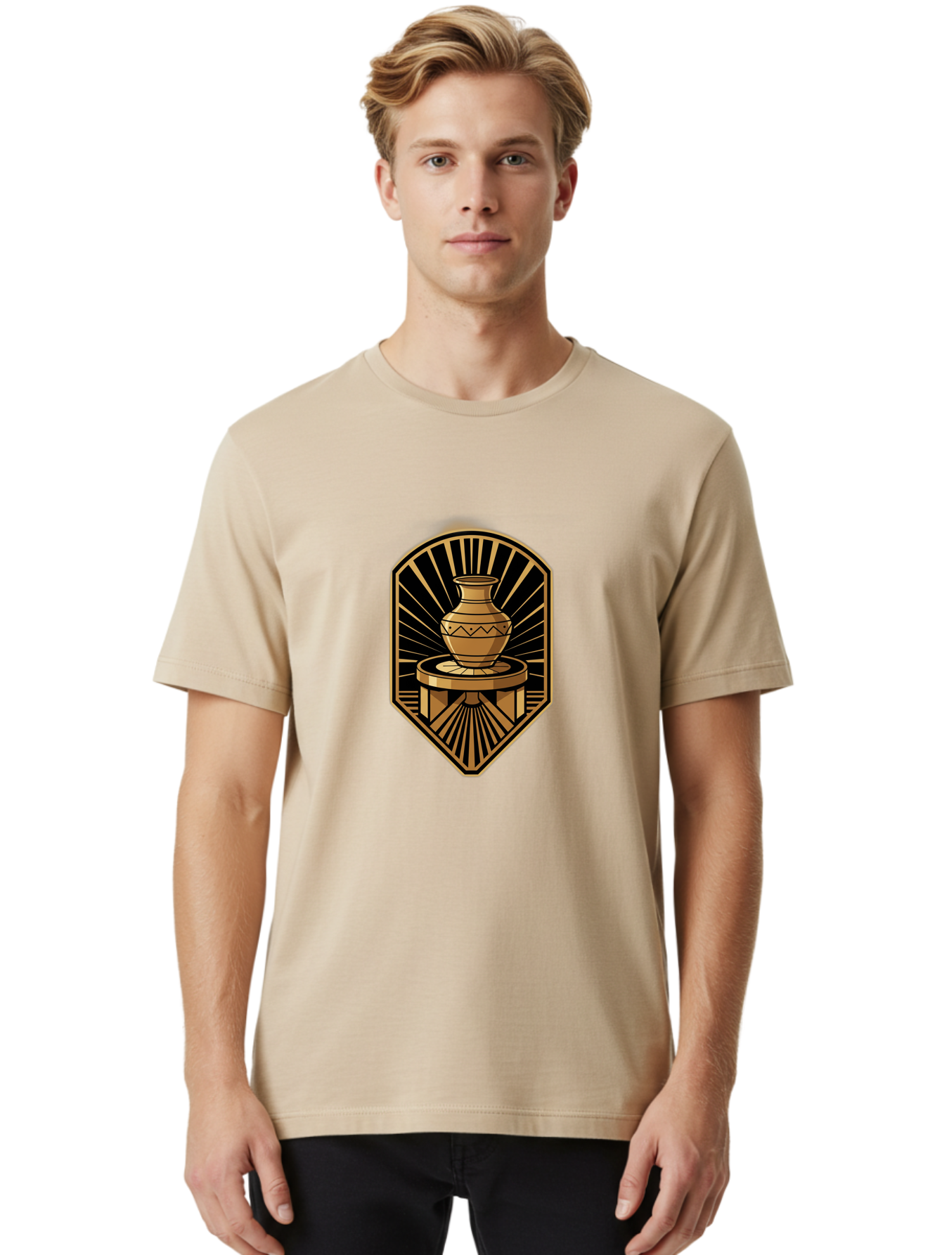 Vase-On-Pedestal Men'S Graphic Tee, 100% Cotton, Comfortable Casual Summer Wear, Machine Washable, Golden Vase, Decorative Pot, Ornate Design, Geometric Patterns, Luxurious Feel, Ancient Artifact, Stylish Decor, Elegant Display, Bab569