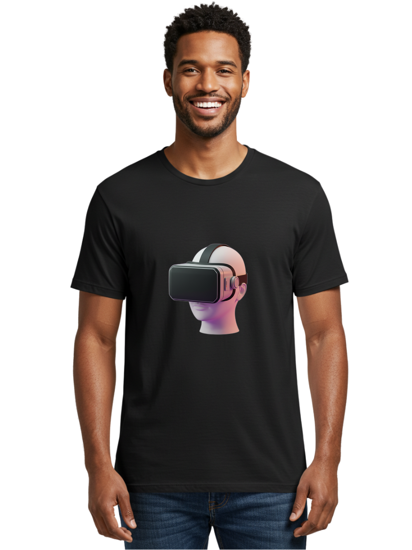 Vr-Headset-Mannequin Men'S Graphic Tee, 100% Cotton, Comfortable Casual Summer Wear, Machine Washable, Virtual Reality Headset, Vr Technology, Futuristic Design, Sleek Black, Modern Gadgets, Gaming, Immersive Experience, Innovative Tech Bab573