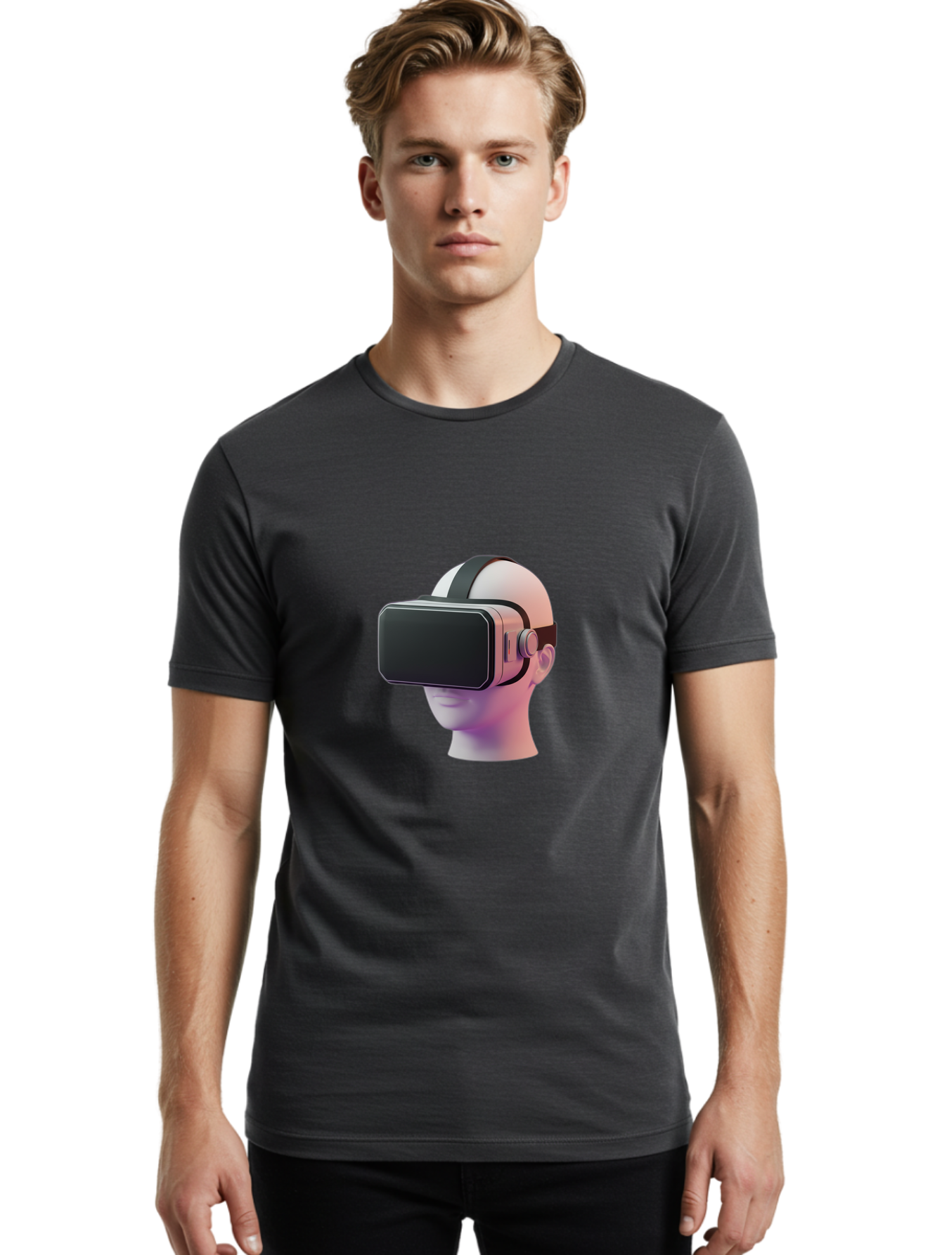 Vr-Headset-Mannequin Men'S Graphic Tee, 100% Cotton, Comfortable Casual Summer Wear, Machine Washable, Virtual Reality Headset, Vr Technology, Futuristic Design, Sleek Black, Modern Gadgets, Gaming, Immersive Experience, Innovative Tech Bab573