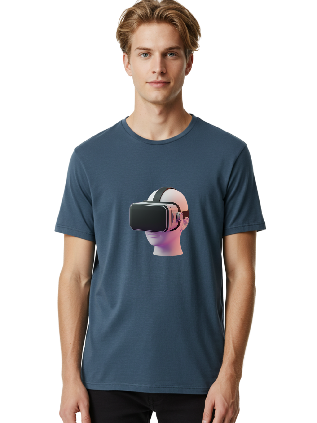 Vr-Headset-Mannequin Men'S Graphic Tee, 100% Cotton, Comfortable Casual Summer Wear, Machine Washable, Virtual Reality Headset, Vr Technology, Futuristic Design, Sleek Black, Modern Gadgets, Gaming, Immersive Experience, Innovative Tech Bab573