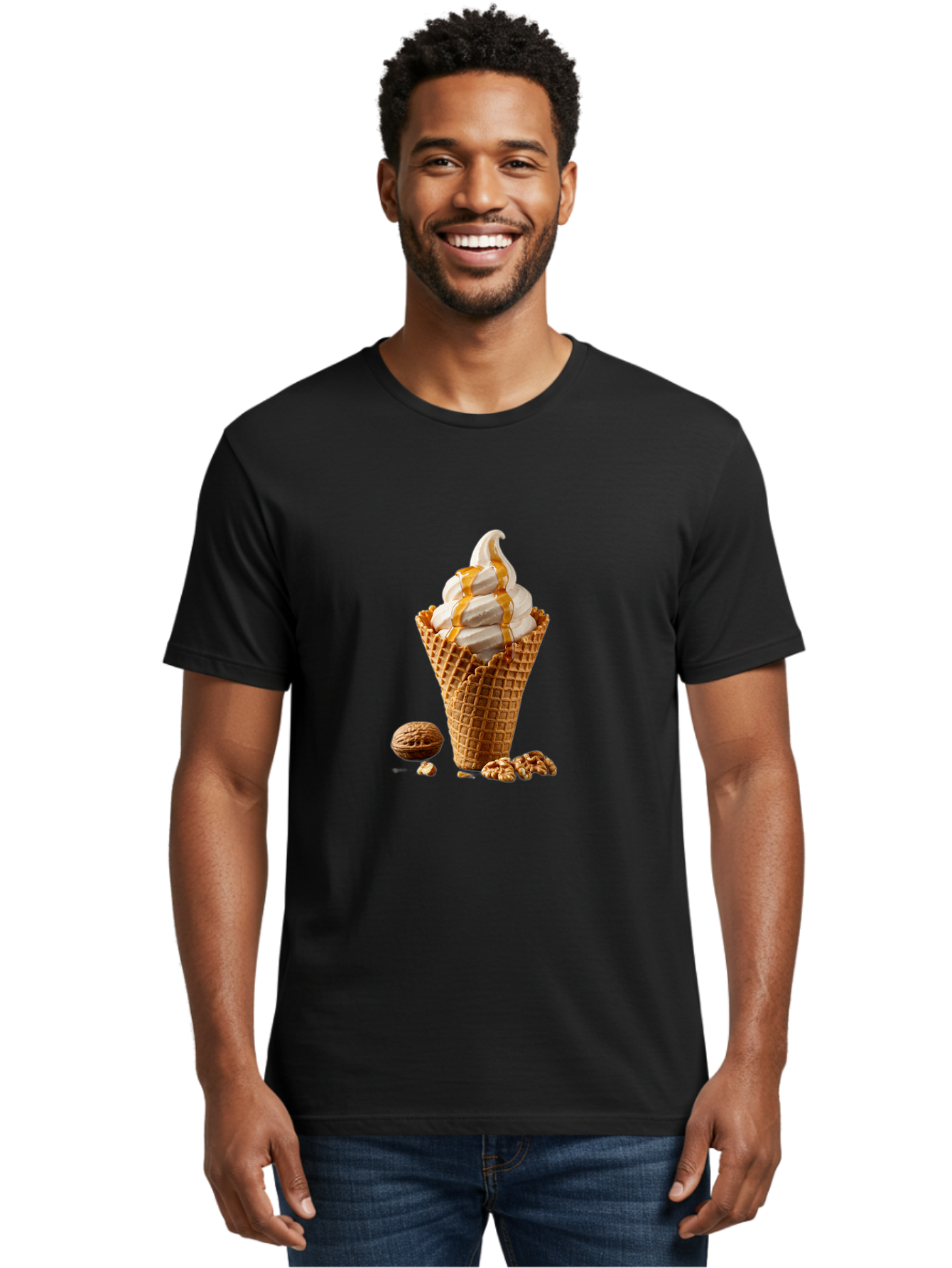 Waffle-Cone-Ice-Cream Men'S Graphic Tee, 100% Cotton, Comfortable Casual Summer Wear, Machine Washable, Caramel Ice Cream, Waffle Cone, Sweet Treats, Desserts, Ice Cream Cone, Caramel Sauce, Walnuts, Crunchy Texture, Delicious Desserts, Bab574