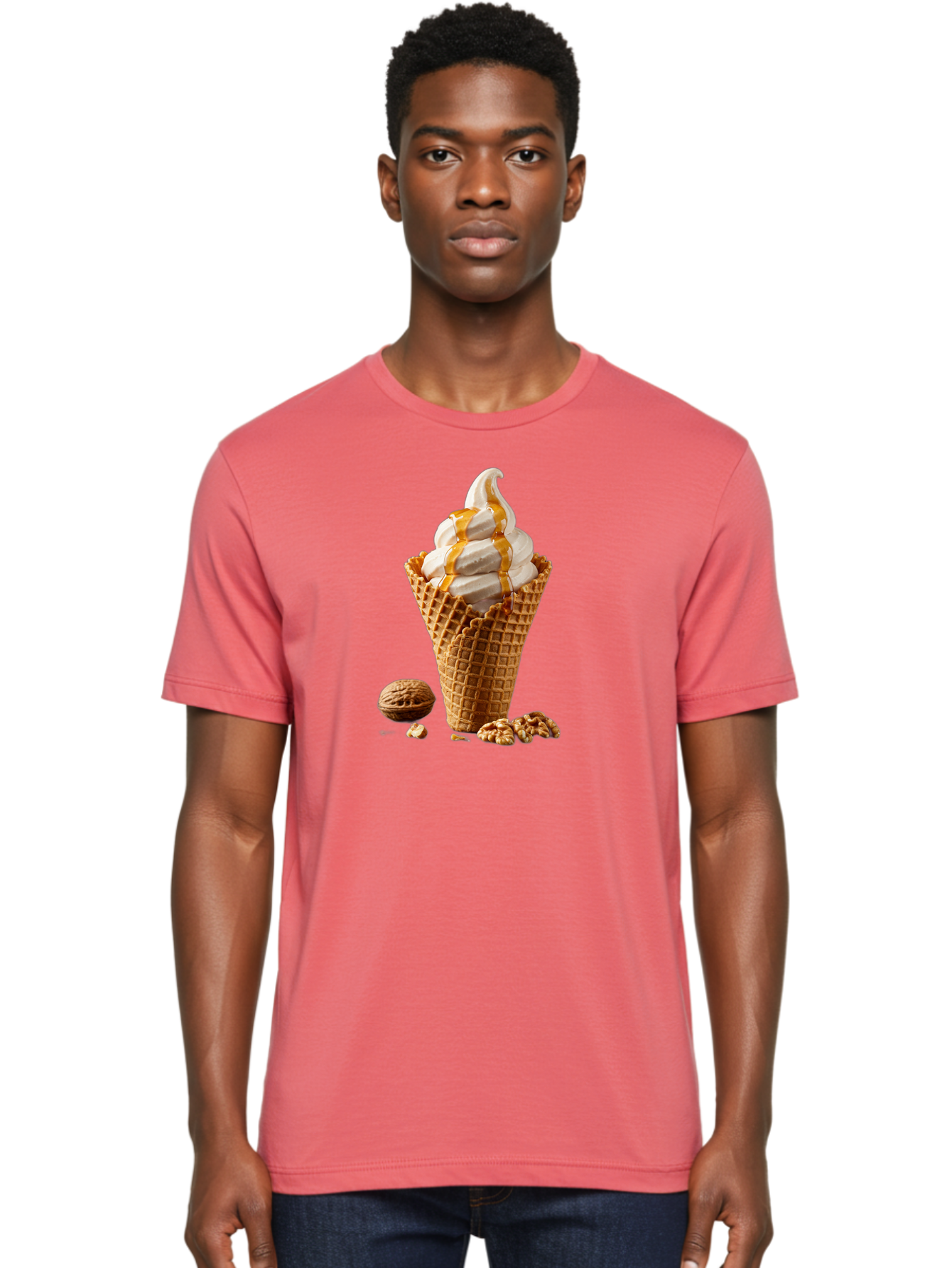 Waffle-Cone-Ice-Cream Men'S Graphic Tee, 100% Cotton, Comfortable Casual Summer Wear, Machine Washable, Caramel Ice Cream, Waffle Cone, Sweet Treats, Desserts, Ice Cream Cone, Caramel Sauce, Walnuts, Crunchy Texture, Delicious Desserts, Bab574
