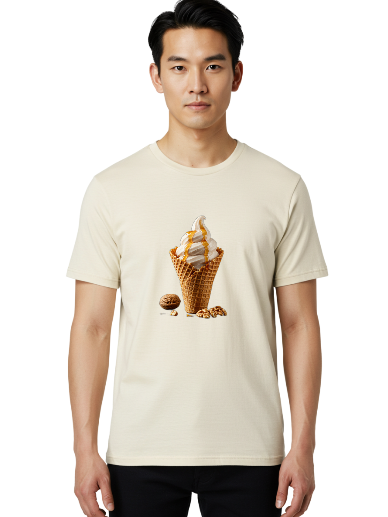 Waffle-Cone-Ice-Cream Men'S Graphic Tee, 100% Cotton, Comfortable Casual Summer Wear, Machine Washable, Caramel Ice Cream, Waffle Cone, Sweet Treats, Desserts, Ice Cream Cone, Caramel Sauce, Walnuts, Crunchy Texture, Delicious Desserts, Bab574