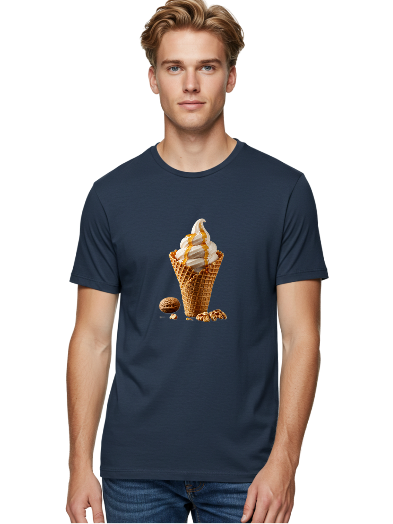 Waffle-Cone-Ice-Cream Men'S Graphic Tee, 100% Cotton, Comfortable Casual Summer Wear, Machine Washable, Caramel Ice Cream, Waffle Cone, Sweet Treats, Desserts, Ice Cream Cone, Caramel Sauce, Walnuts, Crunchy Texture, Delicious Desserts, Bab574