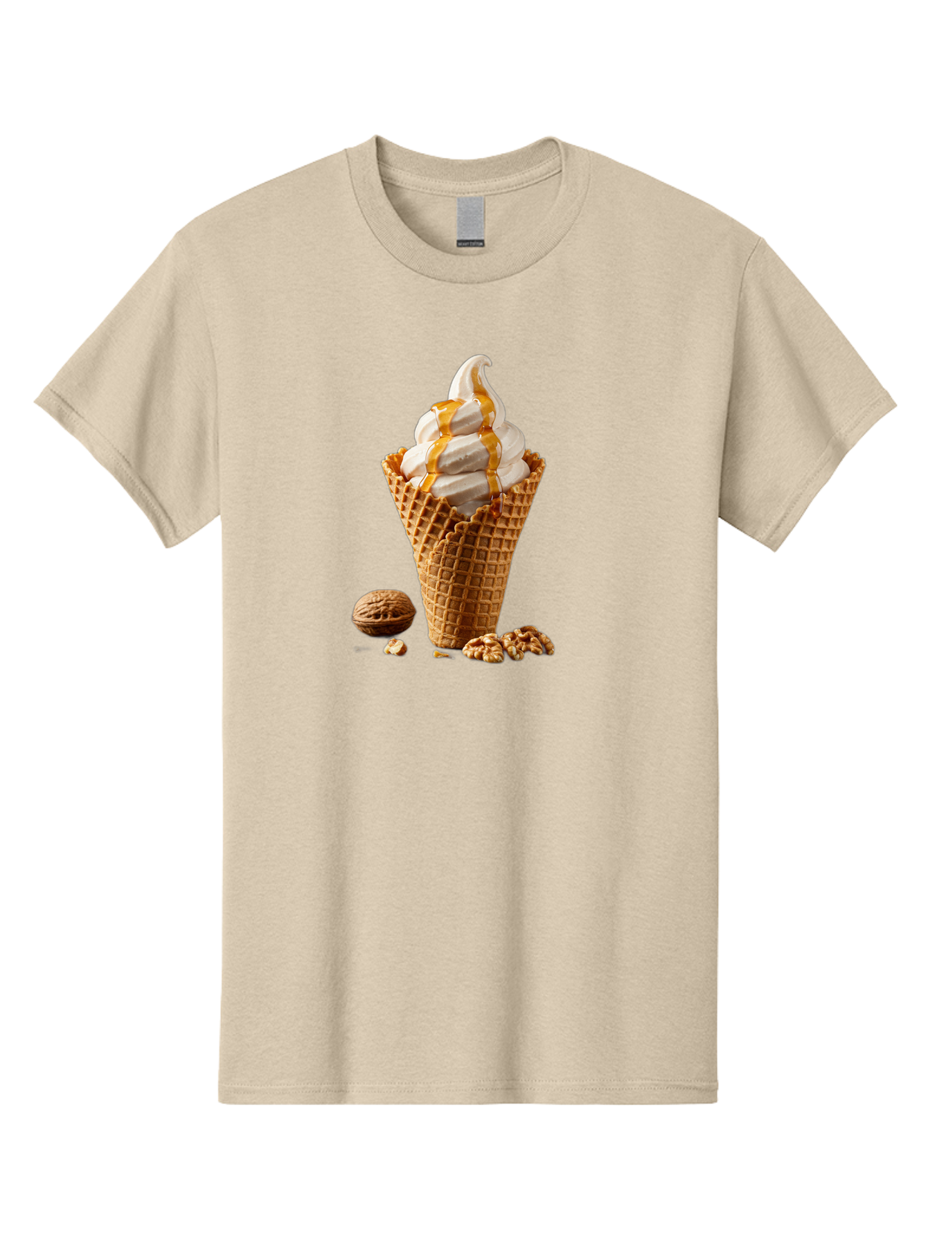 Waffle-Cone-Ice-Cream Men'S Graphic Tee, 100% Cotton, Comfortable Casual Summer Wear, Machine Washable, Caramel Ice Cream, Waffle Cone, Sweet Treats, Desserts, Ice Cream Cone, Caramel Sauce, Walnuts, Crunchy Texture, Delicious Desserts, Bab574