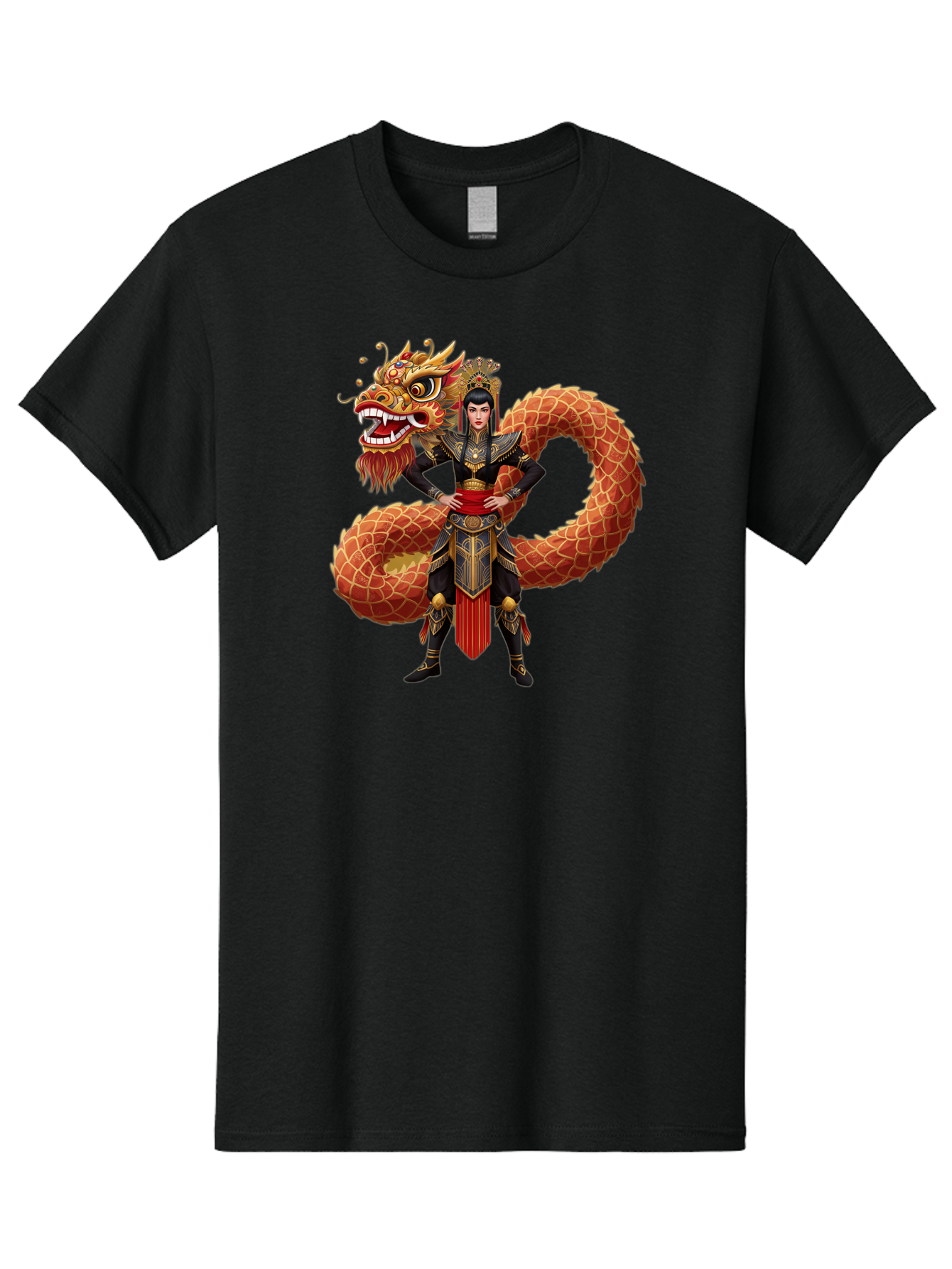 Warrior-Dragon Men'S Graphic Tee, 100% Cotton, Comfortable Casual Summer Wear, Machine Washable, Female Warrior, Dragon Companion, Traditional Armor, Gold Accents, Red Sash, Mythical Creature, Fantasy Art, Eastern Mythology, Bab575