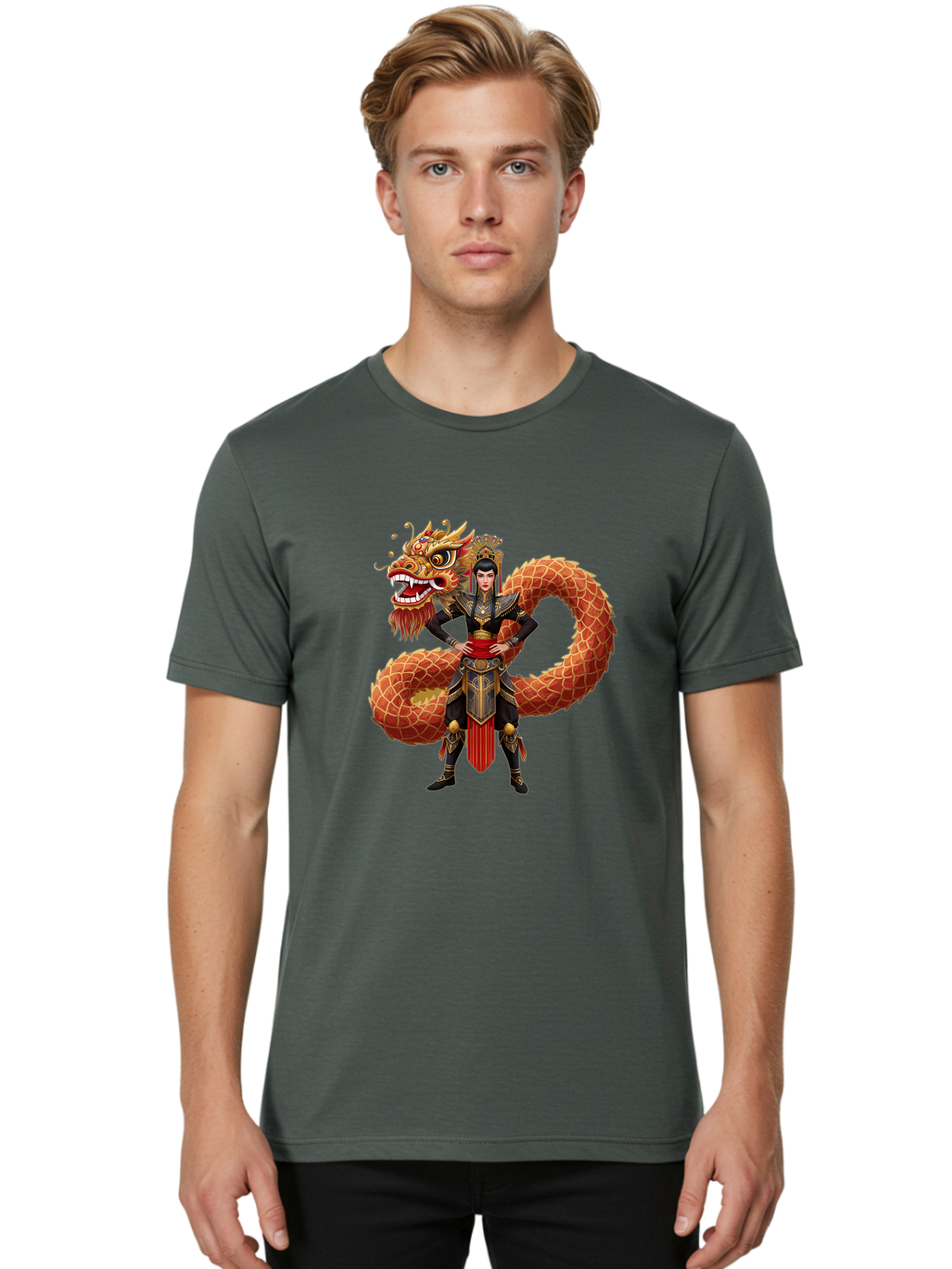 Warrior-Dragon Men'S Graphic Tee, 100% Cotton, Comfortable Casual Summer Wear, Machine Washable, Female Warrior, Dragon Companion, Traditional Armor, Gold Accents, Red Sash, Mythical Creature, Fantasy Art, Eastern Mythology, Bab575