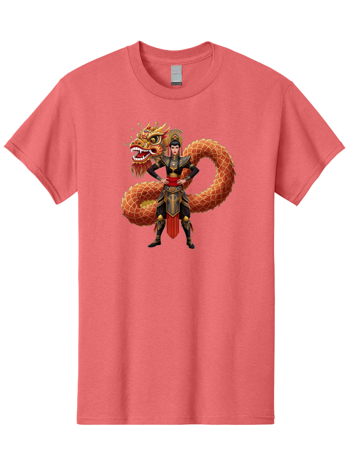 Warrior-Dragon Men'S Graphic Tee, 100% Cotton, Comfortable Casual Summer Wear, Machine Washable, Female Warrior, Dragon Companion, Traditional Armor, Gold Accents, Red Sash, Mythical Creature, Fantasy Art, Eastern Mythology, Bab575