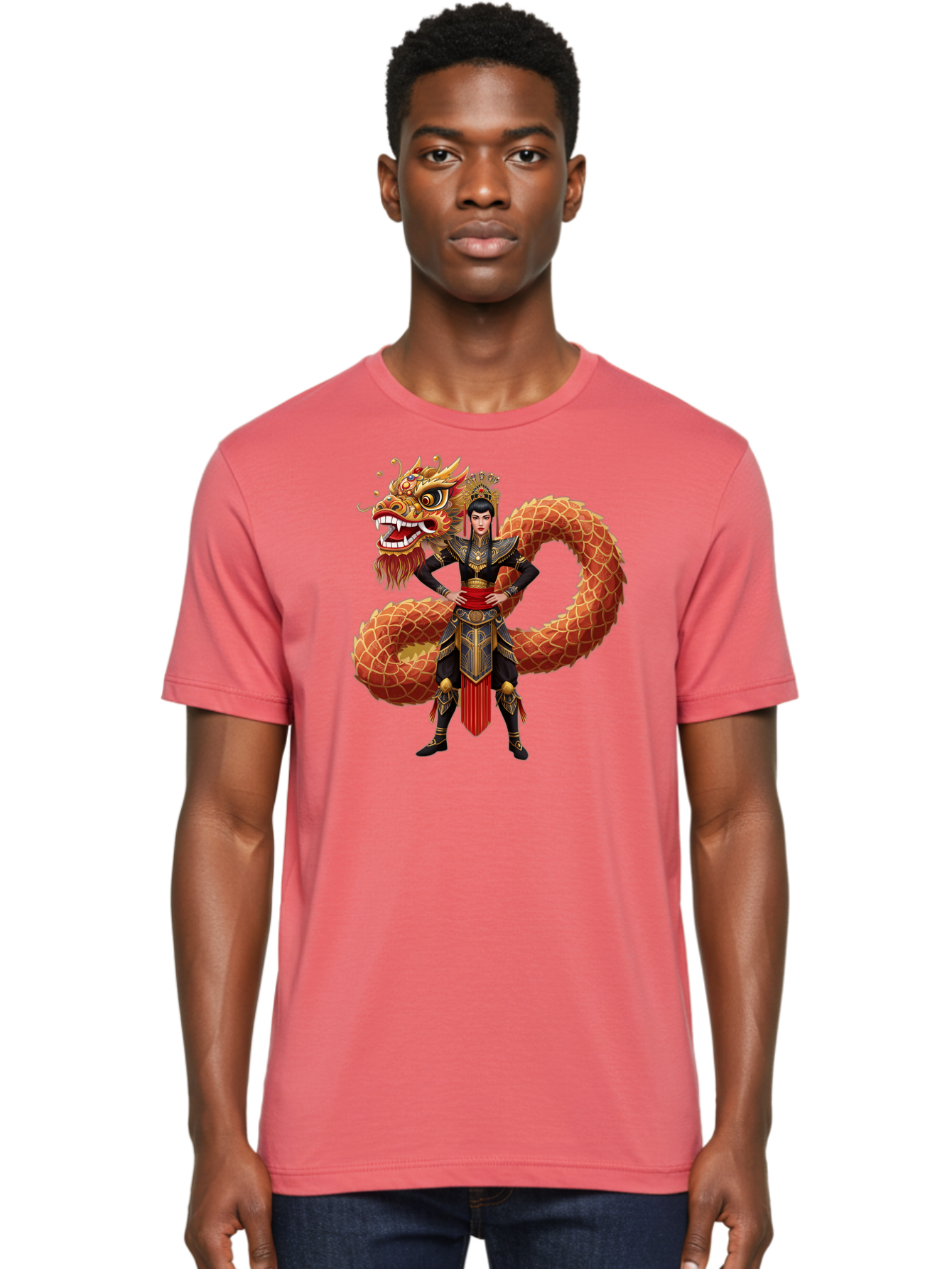 Warrior-Dragon Men'S Graphic Tee, 100% Cotton, Comfortable Casual Summer Wear, Machine Washable, Female Warrior, Dragon Companion, Traditional Armor, Gold Accents, Red Sash, Mythical Creature, Fantasy Art, Eastern Mythology, Bab575