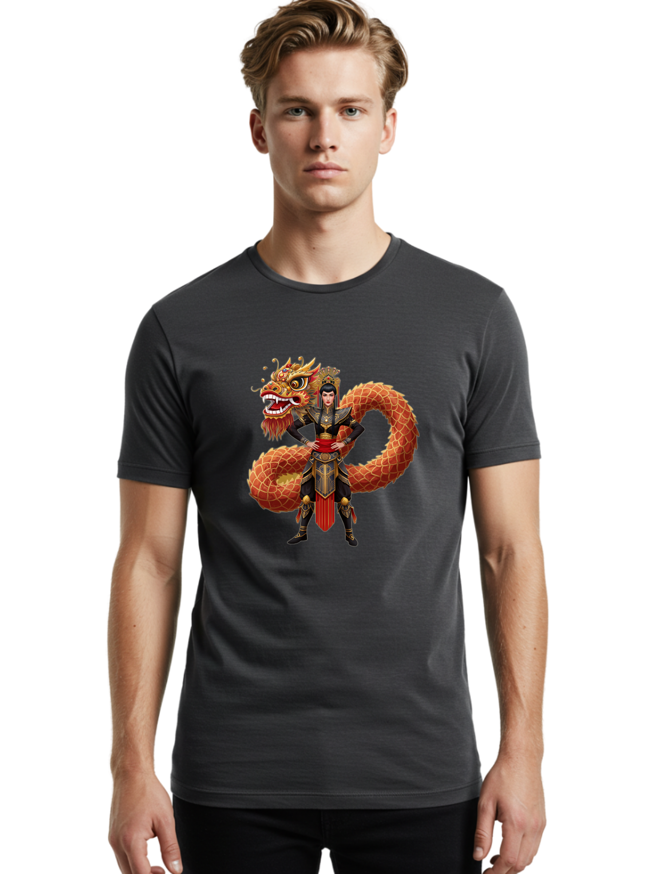 Warrior-Dragon Men'S Graphic Tee, 100% Cotton, Comfortable Casual Summer Wear, Machine Washable, Female Warrior, Dragon Companion, Traditional Armor, Gold Accents, Red Sash, Mythical Creature, Fantasy Art, Eastern Mythology, Bab575