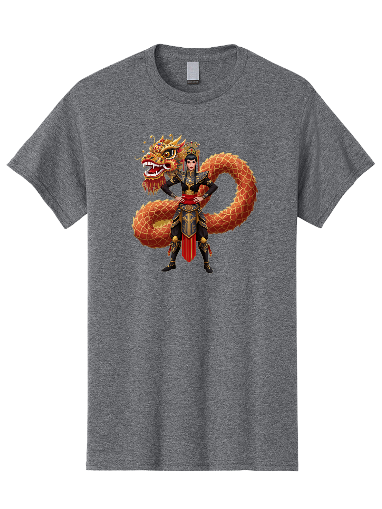 Warrior-Dragon Men'S Graphic Tee, 100% Cotton, Comfortable Casual Summer Wear, Machine Washable, Female Warrior, Dragon Companion, Traditional Armor, Gold Accents, Red Sash, Mythical Creature, Fantasy Art, Eastern Mythology, Bab575