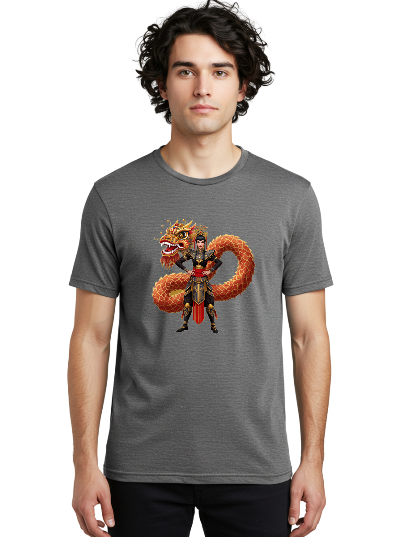 Warrior-Dragon Men'S Graphic Tee, 100% Cotton, Comfortable Casual Summer Wear, Machine Washable, Female Warrior, Dragon Companion, Traditional Armor, Gold Accents, Red Sash, Mythical Creature, Fantasy Art, Eastern Mythology, Bab575