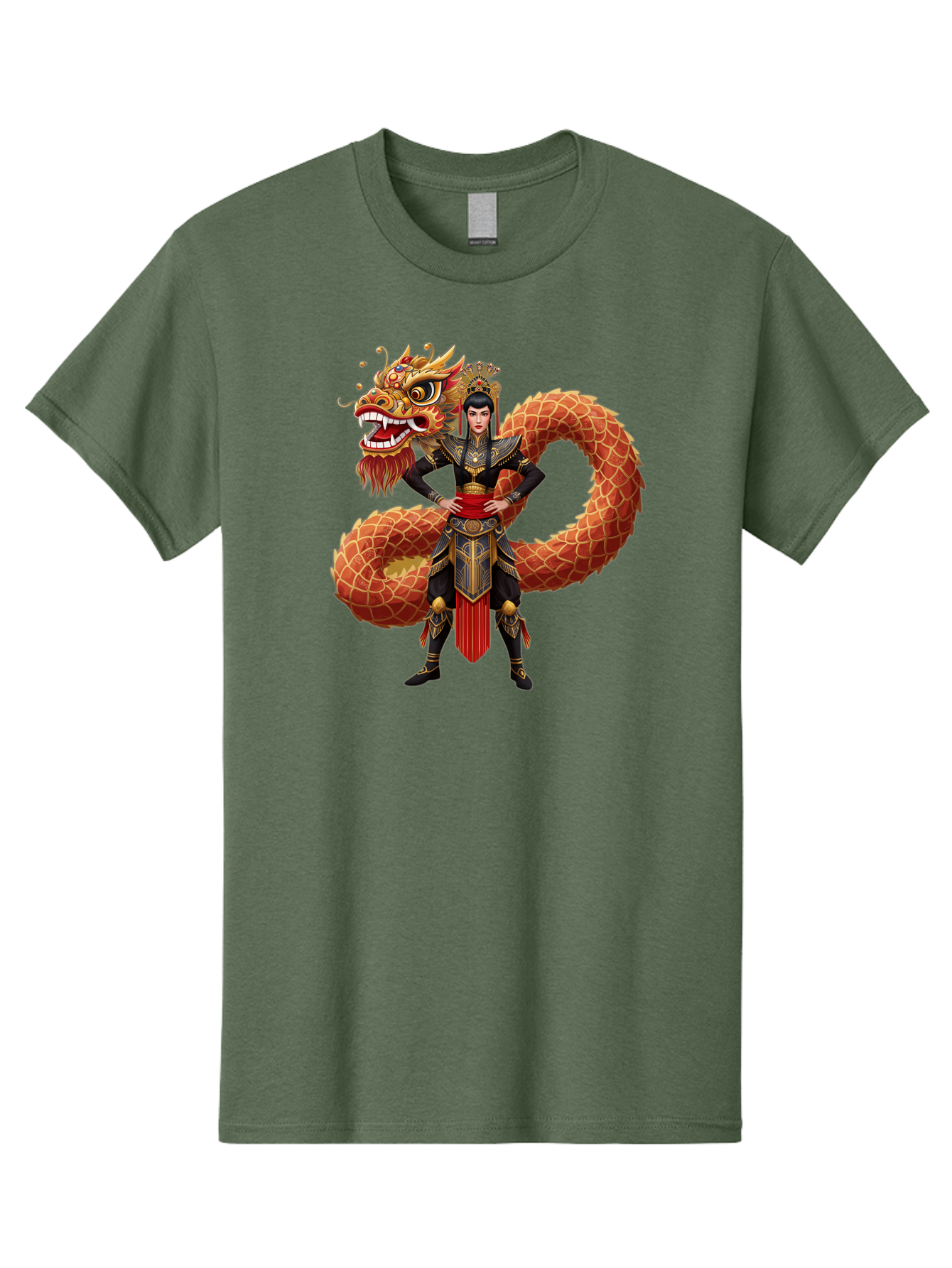 Warrior-Dragon Men'S Graphic Tee, 100% Cotton, Comfortable Casual Summer Wear, Machine Washable, Female Warrior, Dragon Companion, Traditional Armor, Gold Accents, Red Sash, Mythical Creature, Fantasy Art, Eastern Mythology, Bab575