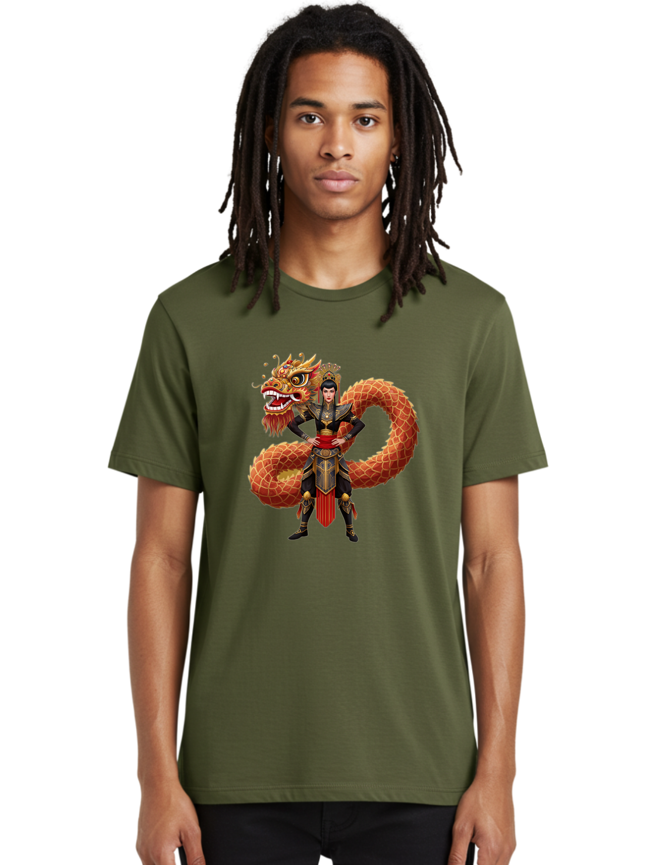 Warrior-Dragon Men'S Graphic Tee, 100% Cotton, Comfortable Casual Summer Wear, Machine Washable, Female Warrior, Dragon Companion, Traditional Armor, Gold Accents, Red Sash, Mythical Creature, Fantasy Art, Eastern Mythology, Bab575