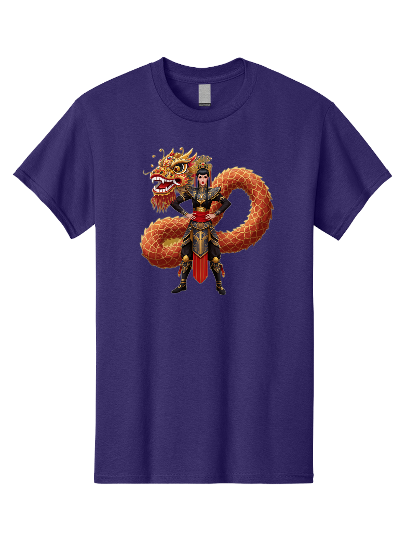 Warrior-Dragon Men'S Graphic Tee, 100% Cotton, Comfortable Casual Summer Wear, Machine Washable, Female Warrior, Dragon Companion, Traditional Armor, Gold Accents, Red Sash, Mythical Creature, Fantasy Art, Eastern Mythology, Bab575