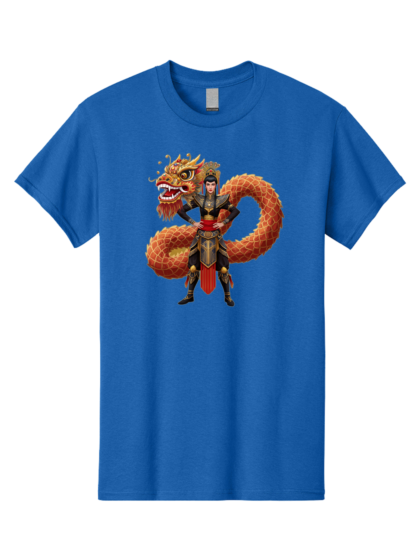 Warrior-Dragon Men'S Graphic Tee, 100% Cotton, Comfortable Casual Summer Wear, Machine Washable, Female Warrior, Dragon Companion, Traditional Armor, Gold Accents, Red Sash, Mythical Creature, Fantasy Art, Eastern Mythology, Bab575