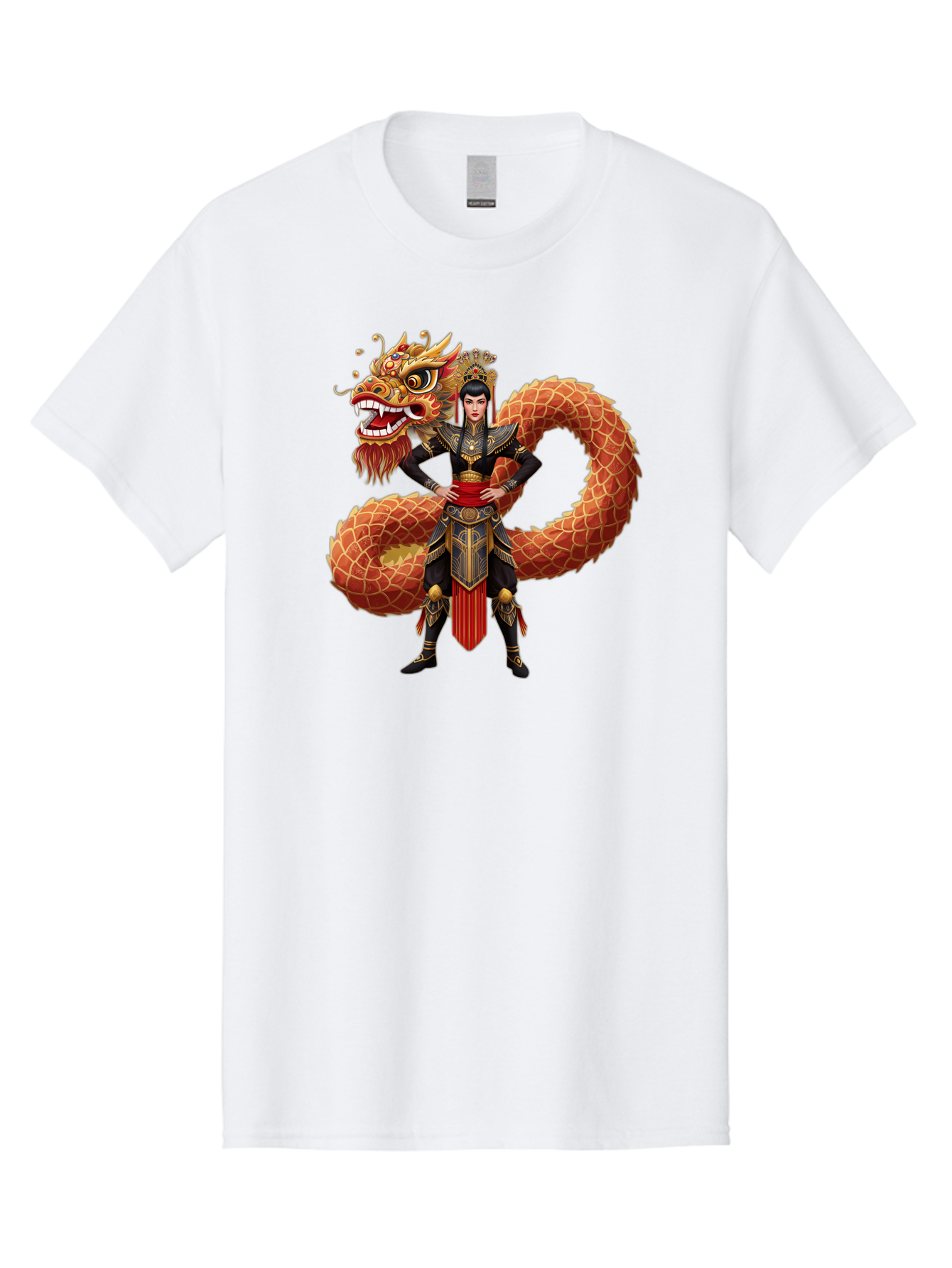 Warrior-Dragon Men'S Graphic Tee, 100% Cotton, Comfortable Casual Summer Wear, Machine Washable, Female Warrior, Dragon Companion, Traditional Armor, Gold Accents, Red Sash, Mythical Creature, Fantasy Art, Eastern Mythology, Bab575
