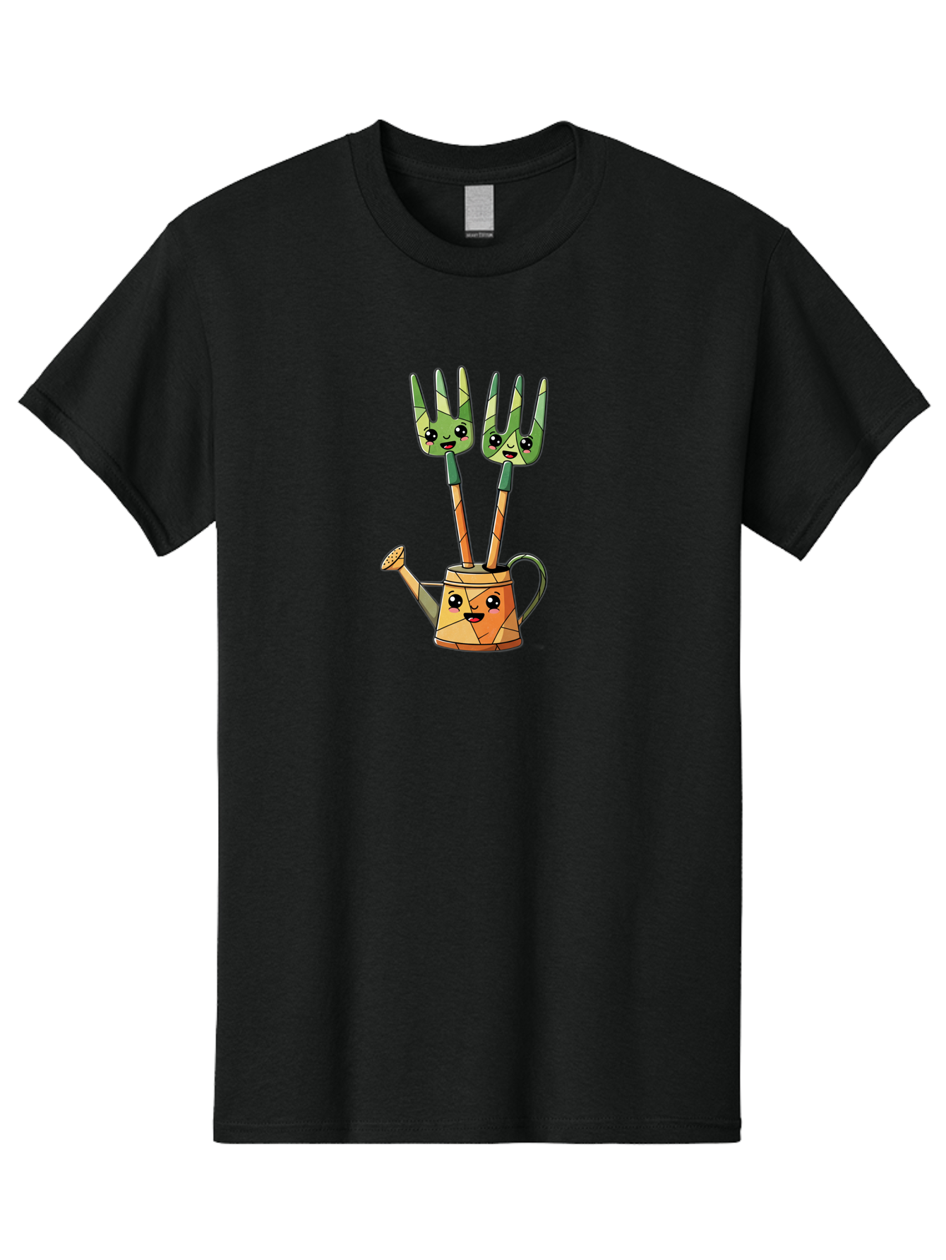 Watering-Can-And-Forks Men'S Graphic Tee, 100% Cotton, Comfortable Casual Summer Wear, Machine Washable, Cartoon Gardening Tools, Anthropomorphic Utensils, Watering Can With Face, Forks As Companions, Gardening Humor, Playful Illustration, Bab576