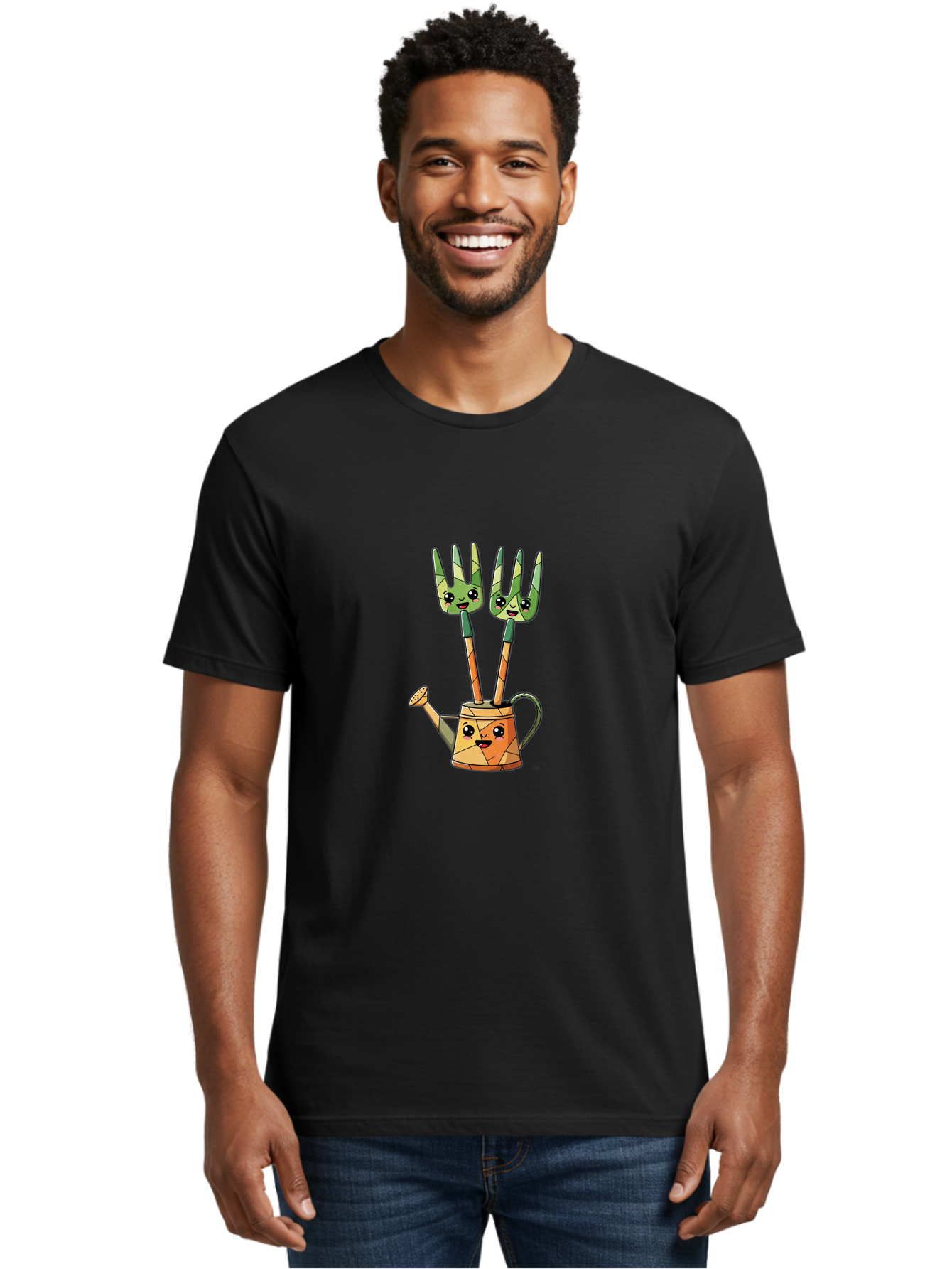 Watering-Can-And-Forks Men'S Graphic Tee, 100% Cotton, Comfortable Casual Summer Wear, Machine Washable, Cartoon Gardening Tools, Anthropomorphic Utensils, Watering Can With Face, Forks As Companions, Gardening Humor, Playful Illustration, Bab576