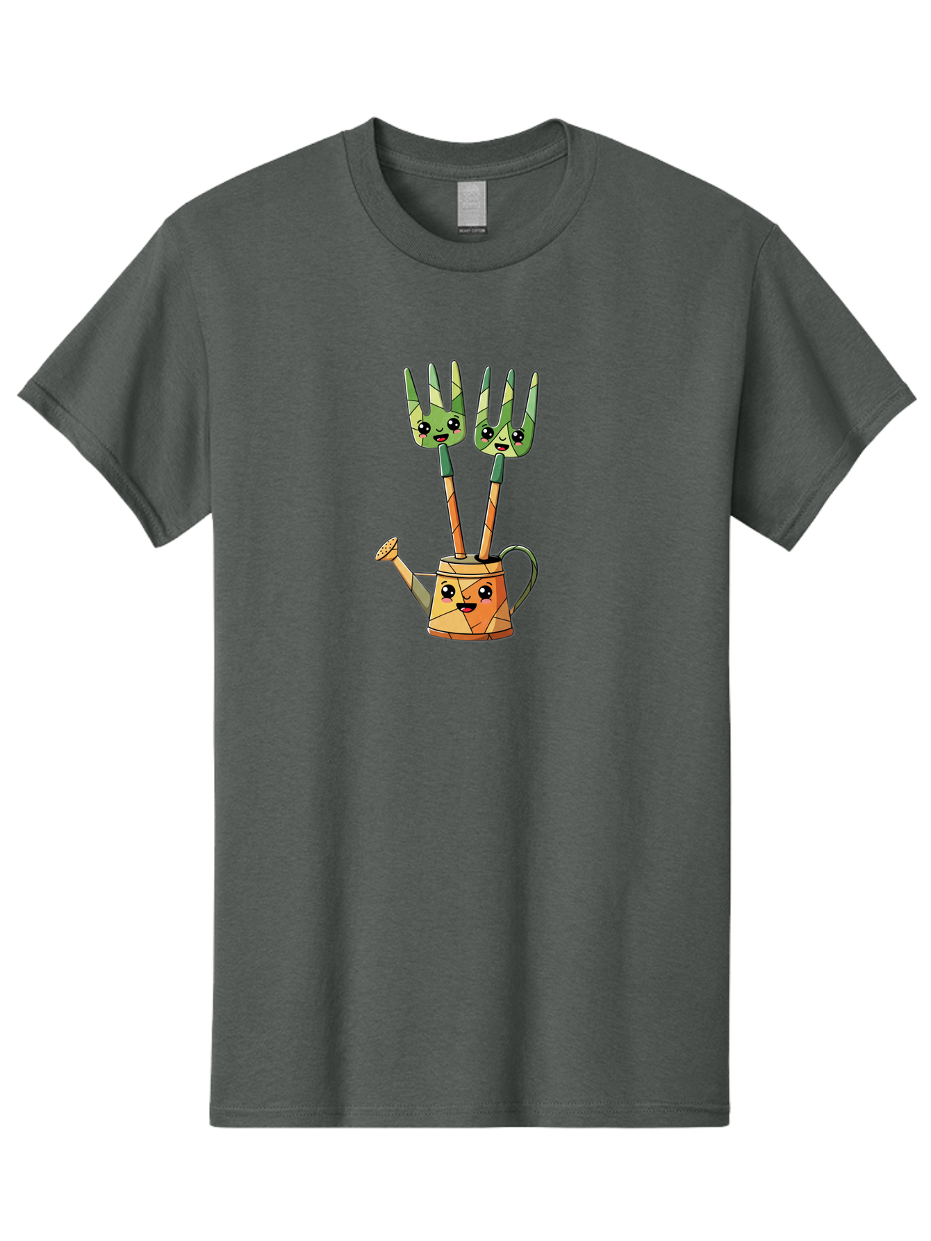 Watering-Can-And-Forks Men'S Graphic Tee, 100% Cotton, Comfortable Casual Summer Wear, Machine Washable, Cartoon Gardening Tools, Anthropomorphic Utensils, Watering Can With Face, Forks As Companions, Gardening Humor, Playful Illustration, Bab576
