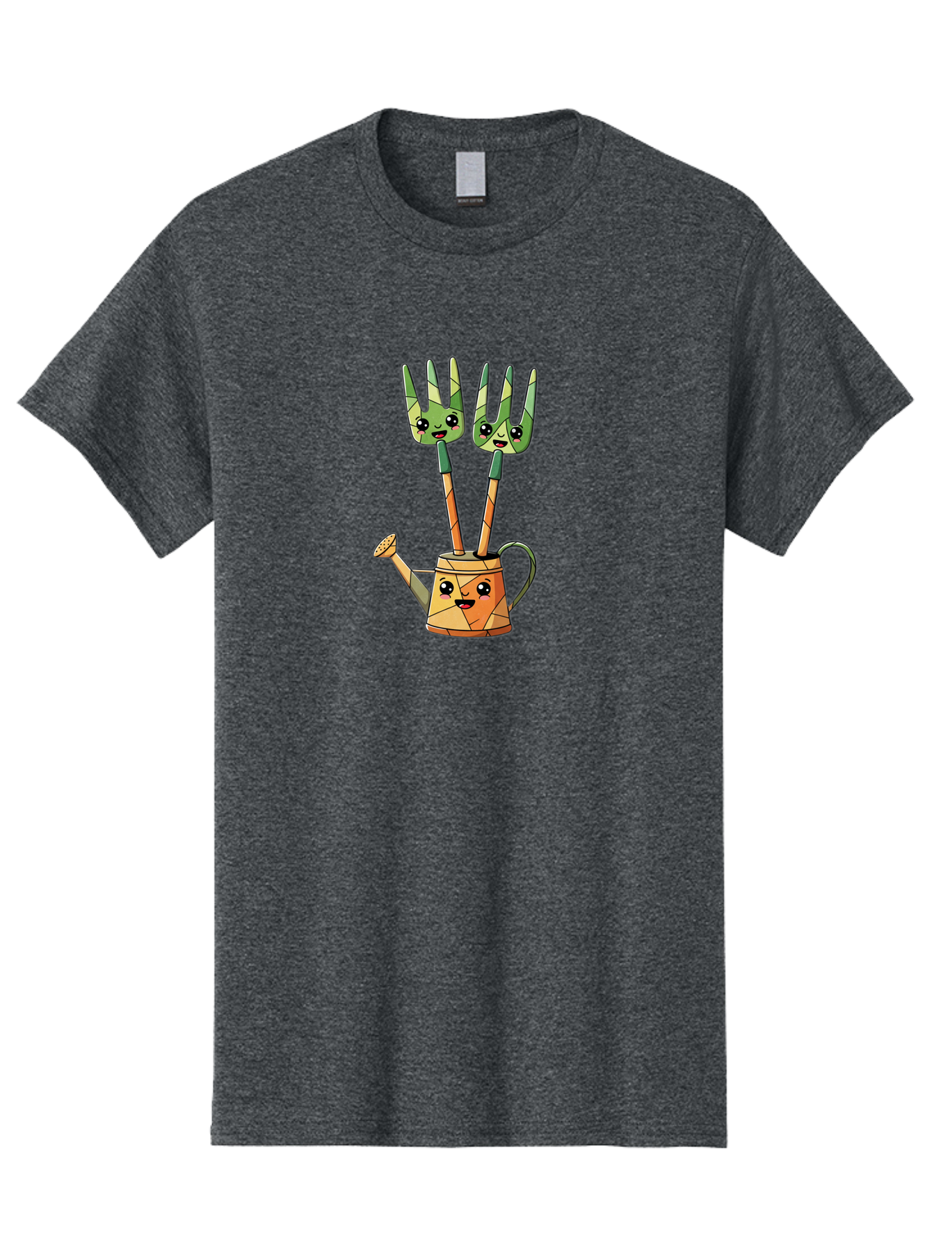 Watering-Can-And-Forks Men'S Graphic Tee, 100% Cotton, Comfortable Casual Summer Wear, Machine Washable, Cartoon Gardening Tools, Anthropomorphic Utensils, Watering Can With Face, Forks As Companions, Gardening Humor, Playful Illustration, Bab576