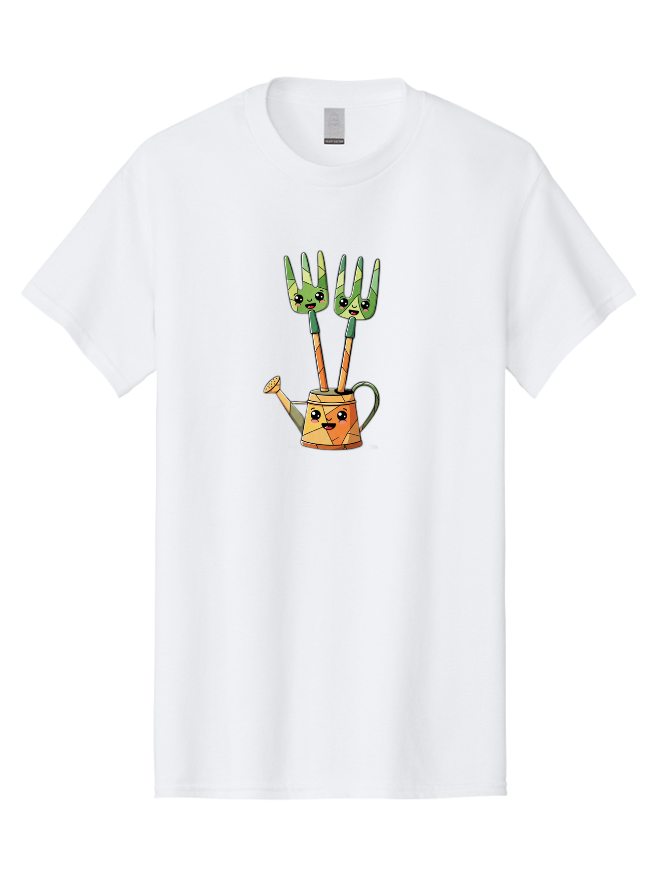 Watering-Can-And-Forks Men'S Graphic Tee, 100% Cotton, Comfortable Casual Summer Wear, Machine Washable, Cartoon Gardening Tools, Anthropomorphic Utensils, Watering Can With Face, Forks As Companions, Gardening Humor, Playful Illustration, Bab576
