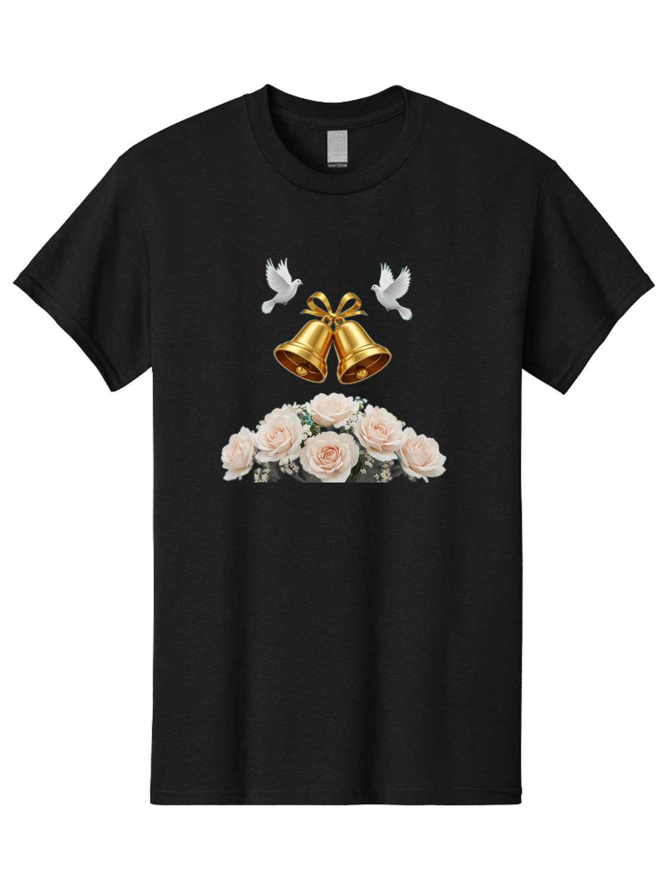 Wedding-Bells-With-Roses Men'S Graphic Tee, 100% Cotton, Comfortable Casual Summer Wear, Machine Washable, Wedding Bells, Golden Bells, White Doves, Bouquet Of Roses, White Roses, Baby'S Breath, Wedding Decor, Wedding Invitation, Bab580