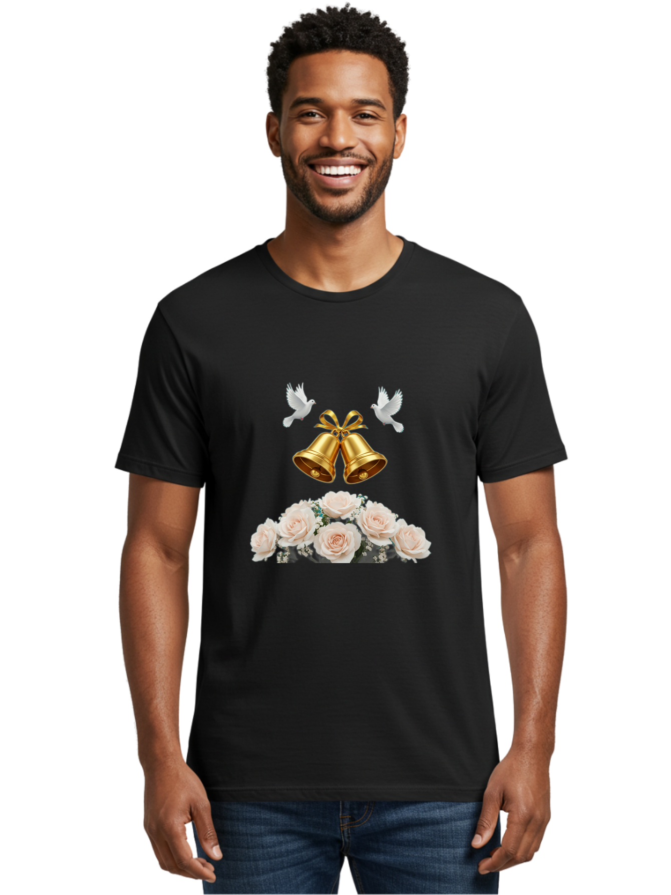 Wedding-Bells-With-Roses Men'S Graphic Tee, 100% Cotton, Comfortable Casual Summer Wear, Machine Washable, Wedding Bells, Golden Bells, White Doves, Bouquet Of Roses, White Roses, Baby'S Breath, Wedding Decor, Wedding Invitation, Bab580