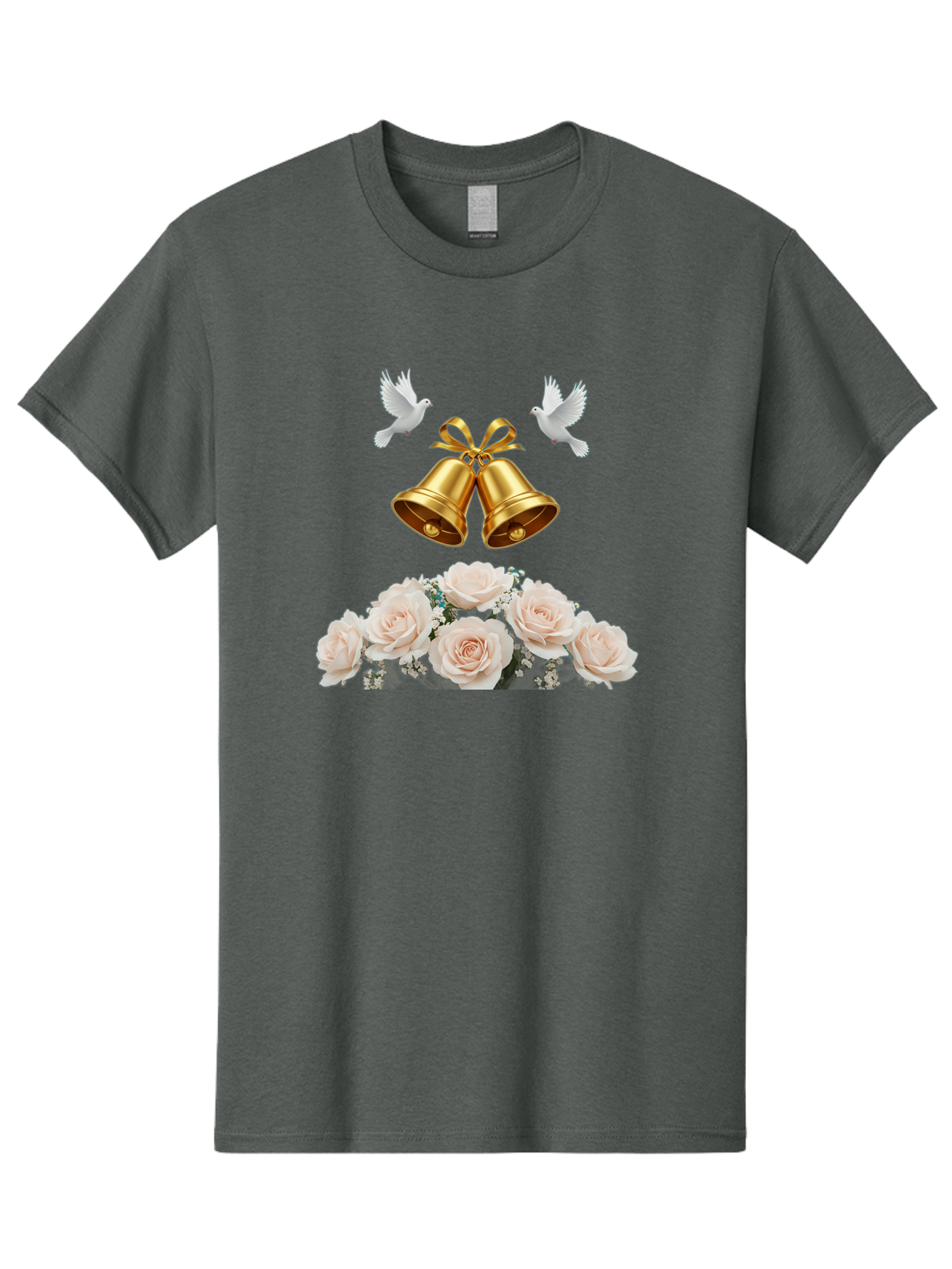 Wedding-Bells-With-Roses Men'S Graphic Tee, 100% Cotton, Comfortable Casual Summer Wear, Machine Washable, Wedding Bells, Golden Bells, White Doves, Bouquet Of Roses, White Roses, Baby'S Breath, Wedding Decor, Wedding Invitation, Bab580