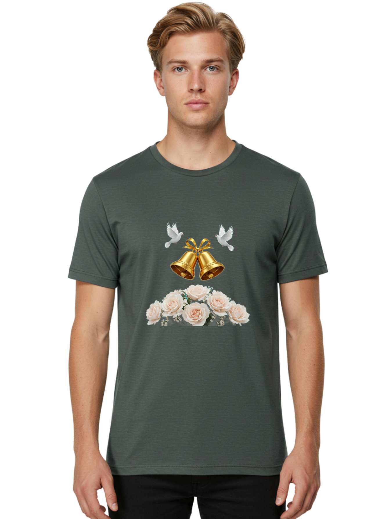 Wedding-Bells-With-Roses Men'S Graphic Tee, 100% Cotton, Comfortable Casual Summer Wear, Machine Washable, Wedding Bells, Golden Bells, White Doves, Bouquet Of Roses, White Roses, Baby'S Breath, Wedding Decor, Wedding Invitation, Bab580