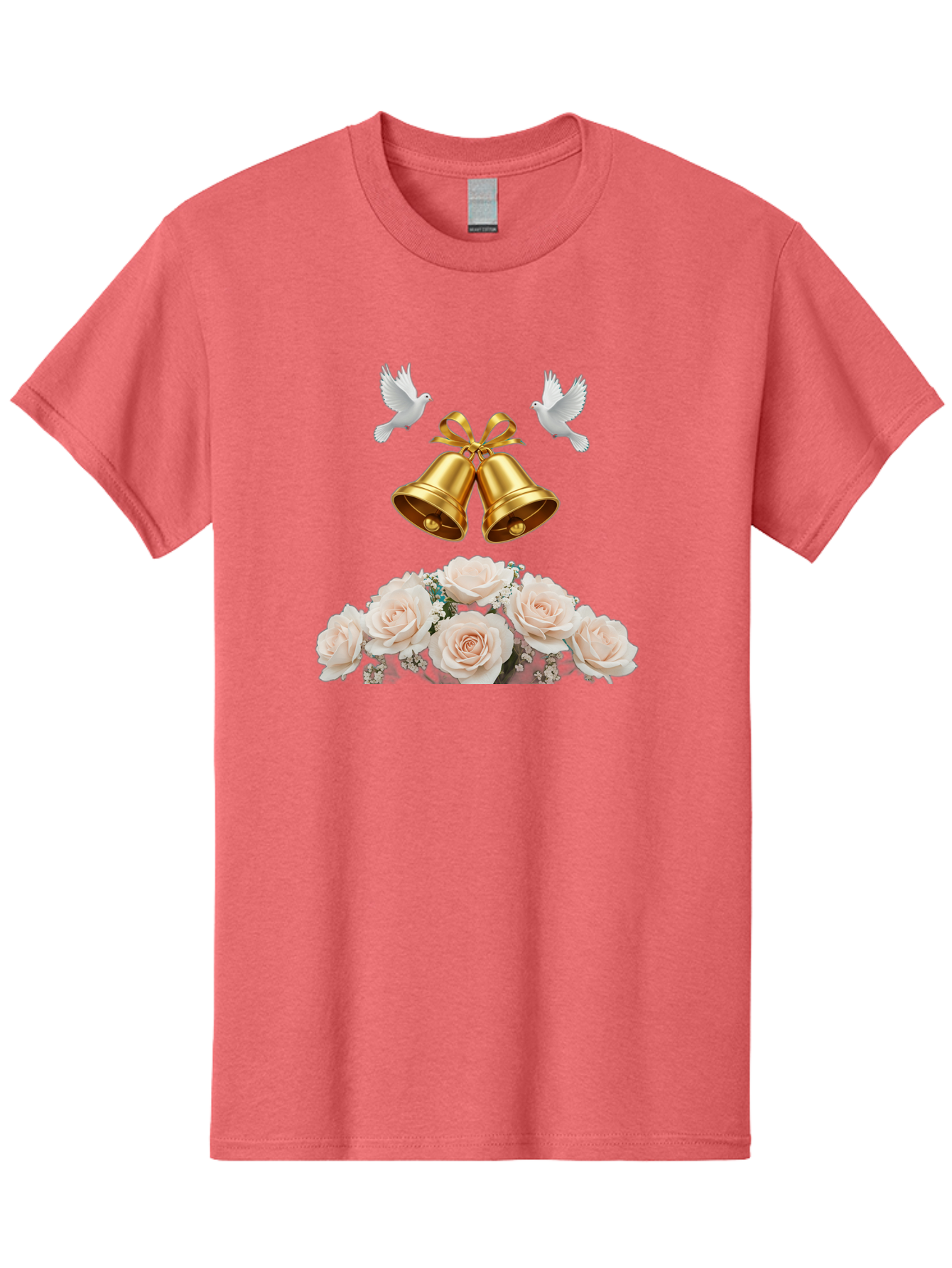 Wedding-Bells-With-Roses Men'S Graphic Tee, 100% Cotton, Comfortable Casual Summer Wear, Machine Washable, Wedding Bells, Golden Bells, White Doves, Bouquet Of Roses, White Roses, Baby'S Breath, Wedding Decor, Wedding Invitation, Bab580