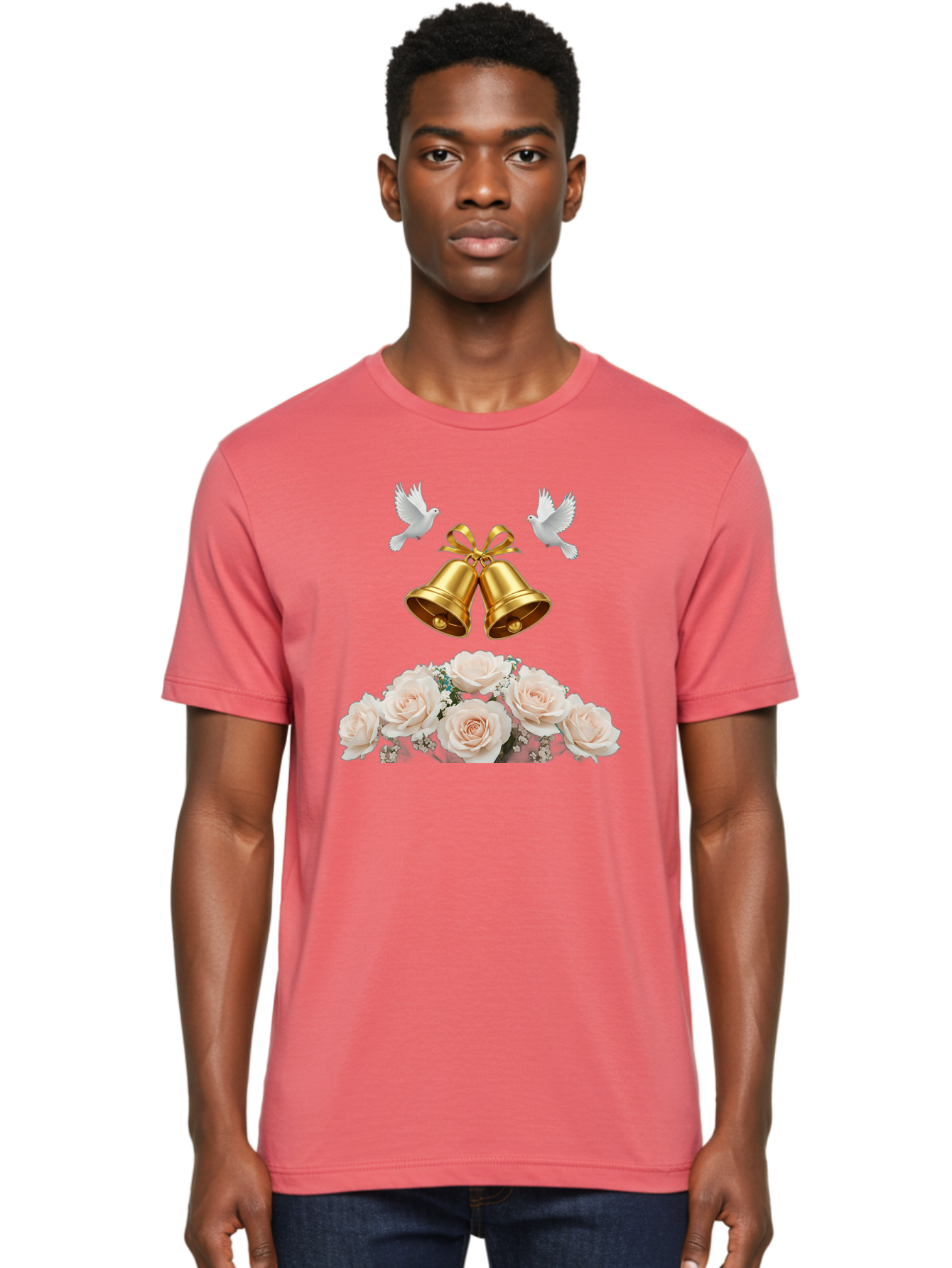 Wedding-Bells-With-Roses Men'S Graphic Tee, 100% Cotton, Comfortable Casual Summer Wear, Machine Washable, Wedding Bells, Golden Bells, White Doves, Bouquet Of Roses, White Roses, Baby'S Breath, Wedding Decor, Wedding Invitation, Bab580