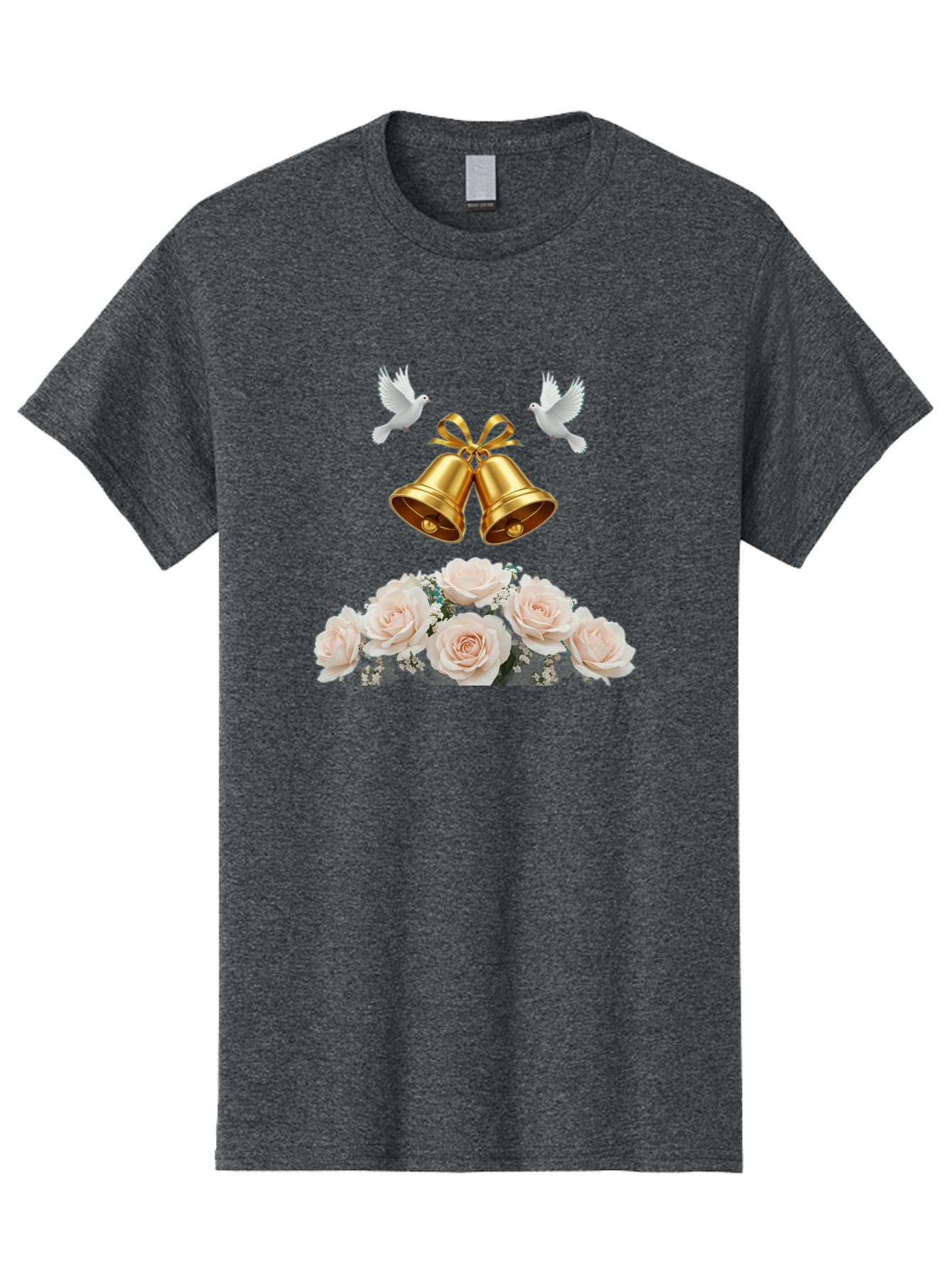 Wedding-Bells-With-Roses Men'S Graphic Tee, 100% Cotton, Comfortable Casual Summer Wear, Machine Washable, Wedding Bells, Golden Bells, White Doves, Bouquet Of Roses, White Roses, Baby'S Breath, Wedding Decor, Wedding Invitation, Bab580