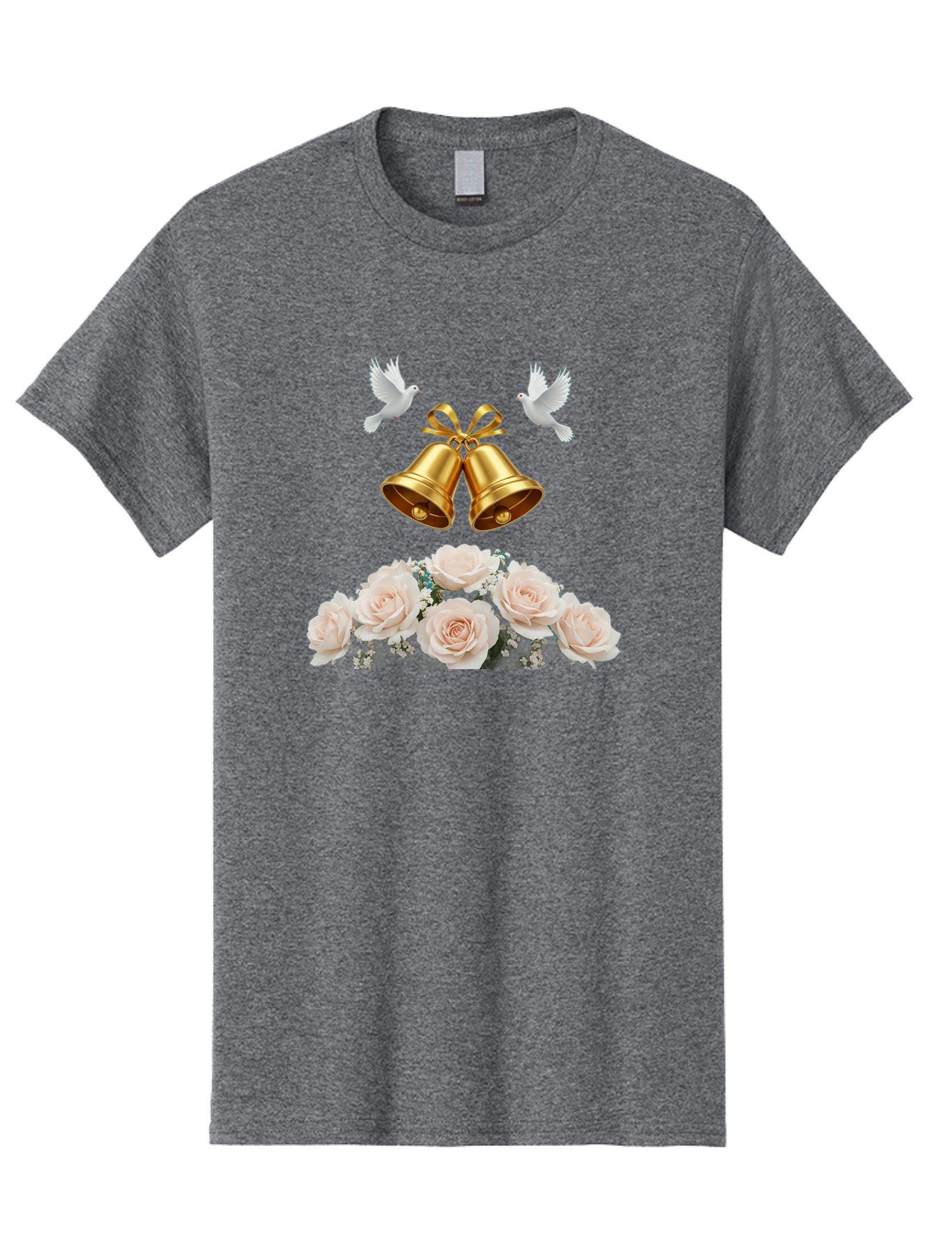 Wedding-Bells-With-Roses Men'S Graphic Tee, 100% Cotton, Comfortable Casual Summer Wear, Machine Washable, Wedding Bells, Golden Bells, White Doves, Bouquet Of Roses, White Roses, Baby'S Breath, Wedding Decor, Wedding Invitation, Bab580