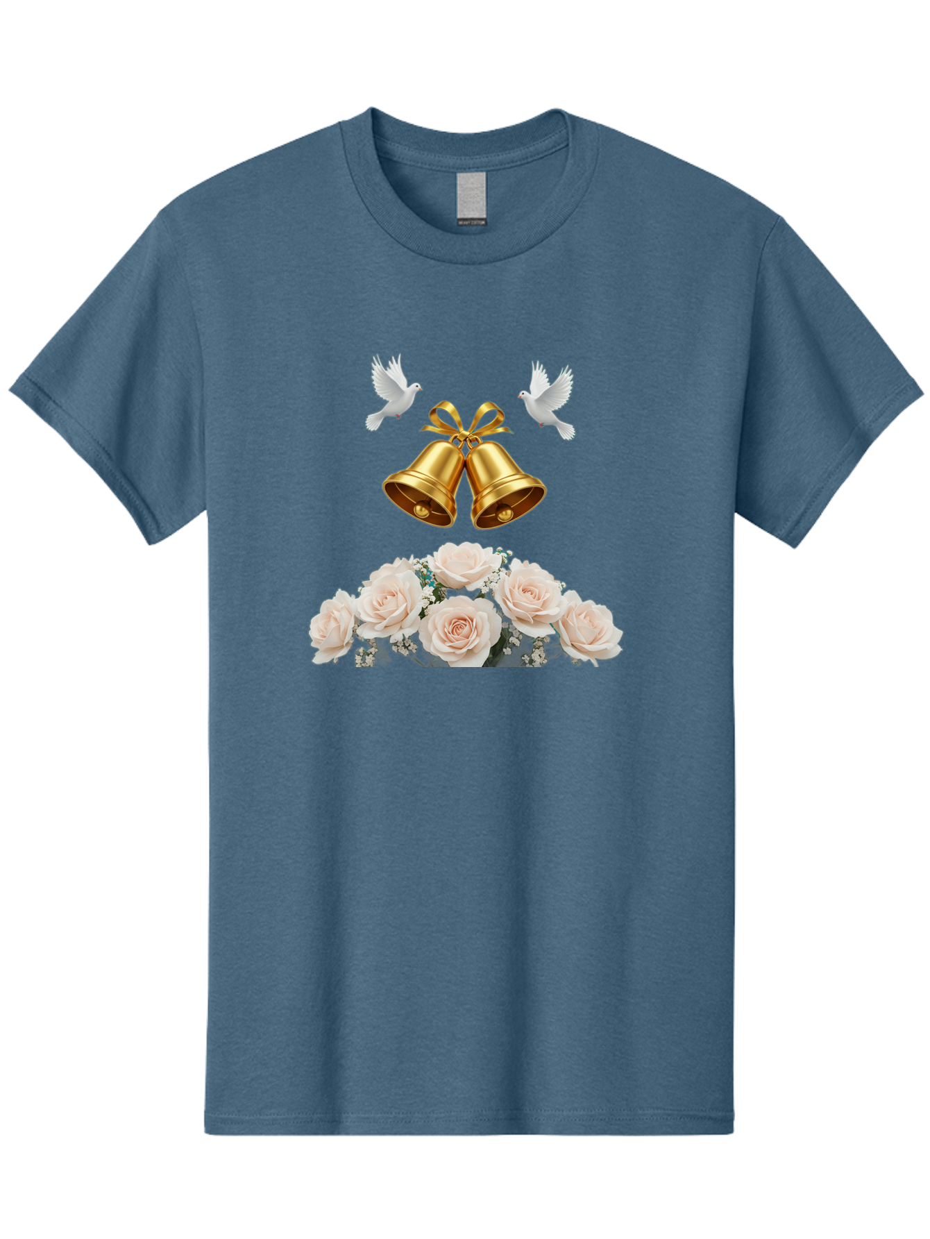 Wedding-Bells-With-Roses Men'S Graphic Tee, 100% Cotton, Comfortable Casual Summer Wear, Machine Washable, Wedding Bells, Golden Bells, White Doves, Bouquet Of Roses, White Roses, Baby'S Breath, Wedding Decor, Wedding Invitation, Bab580