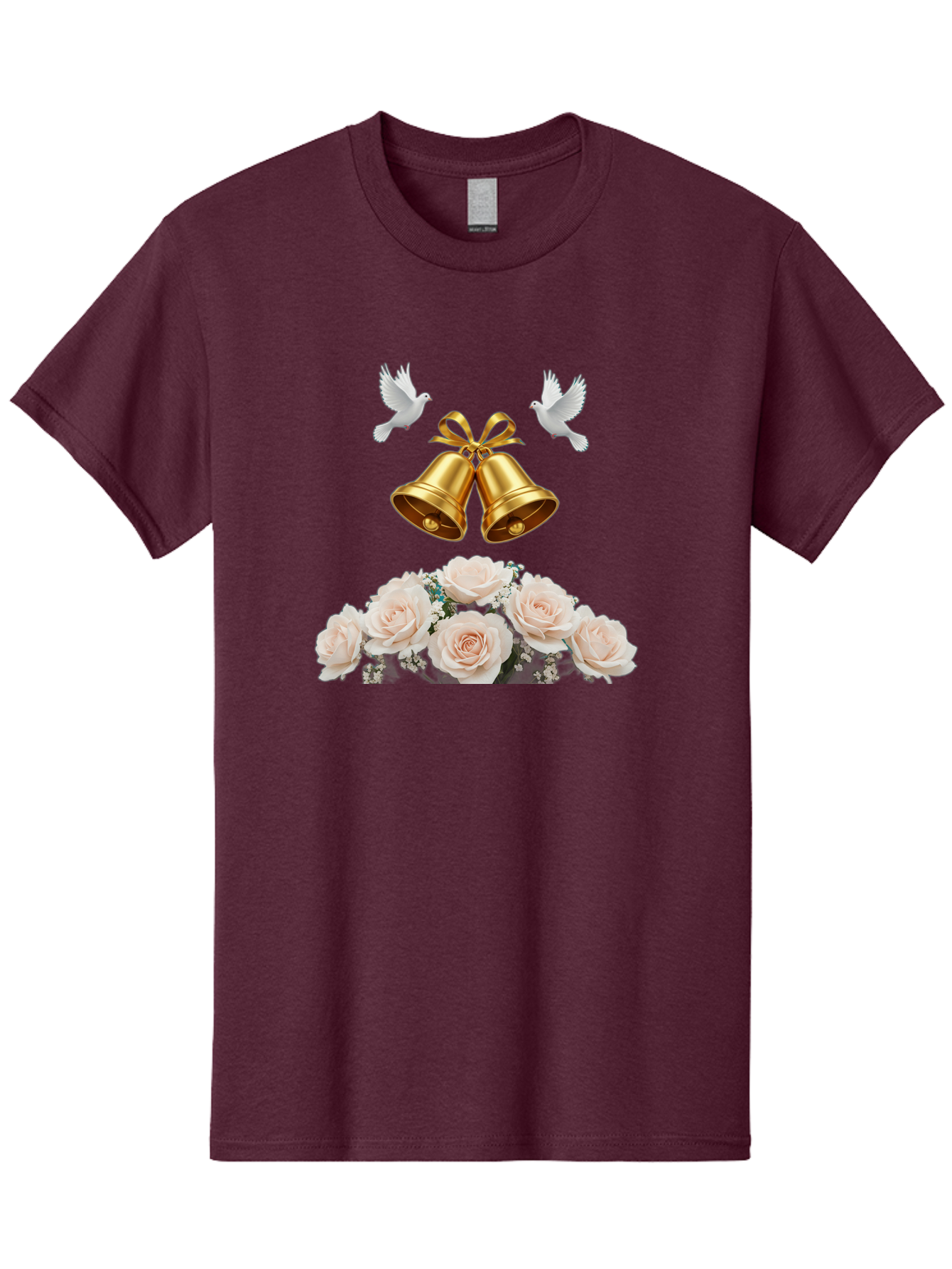 Wedding-Bells-With-Roses Men'S Graphic Tee, 100% Cotton, Comfortable Casual Summer Wear, Machine Washable, Wedding Bells, Golden Bells, White Doves, Bouquet Of Roses, White Roses, Baby'S Breath, Wedding Decor, Wedding Invitation, Bab580