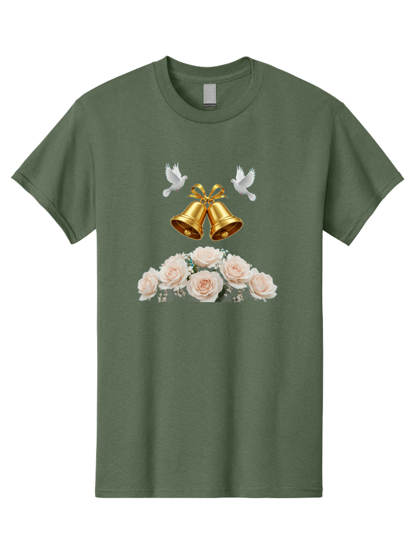 Wedding-Bells-With-Roses Men'S Graphic Tee, 100% Cotton, Comfortable Casual Summer Wear, Machine Washable, Wedding Bells, Golden Bells, White Doves, Bouquet Of Roses, White Roses, Baby'S Breath, Wedding Decor, Wedding Invitation, Bab580
