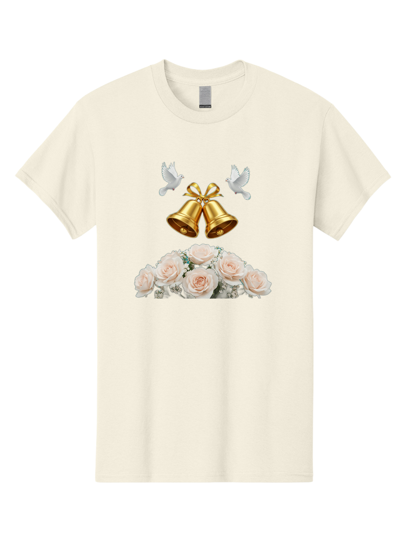 Wedding-Bells-With-Roses Men'S Graphic Tee, 100% Cotton, Comfortable Casual Summer Wear, Machine Washable, Wedding Bells, Golden Bells, White Doves, Bouquet Of Roses, White Roses, Baby'S Breath, Wedding Decor, Wedding Invitation, Bab580
